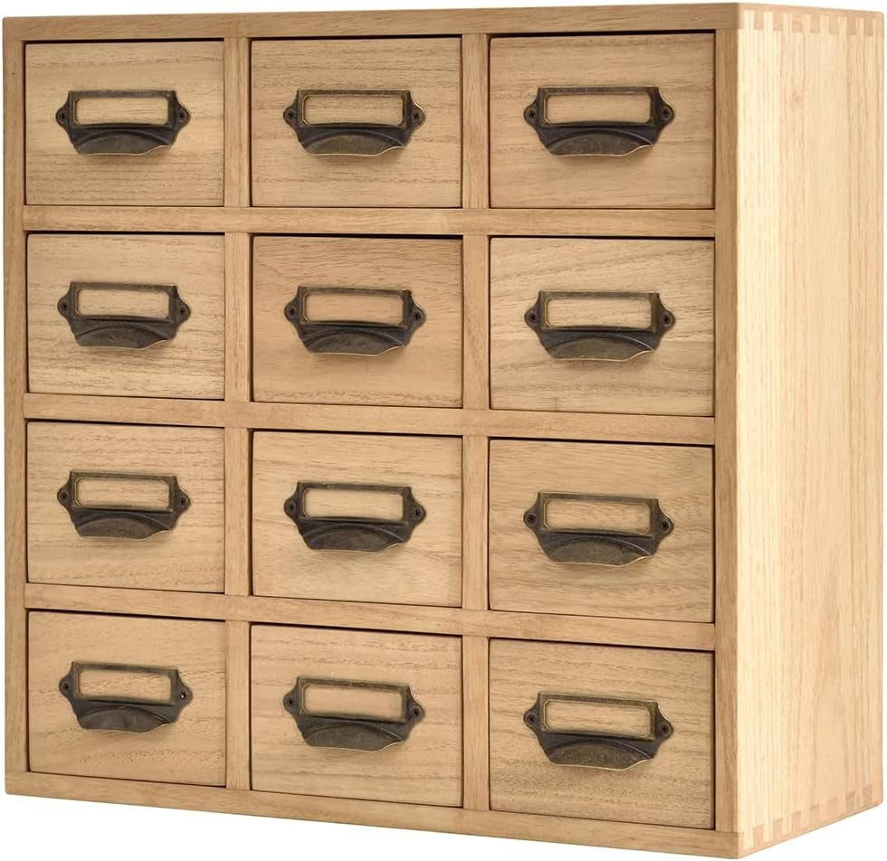 KIRIGEN Wood Drawer Organizer Desktop Storage Cabinet Box Drawers for Home Office Desk Organization and Storage 12 Drawer Mini Chest with Metal Handles Natural(12Cg-Na)