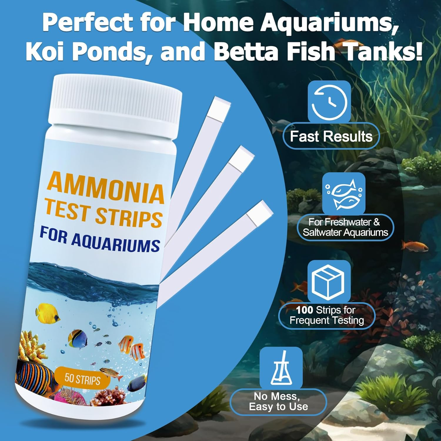 Ammonia Test Strips for Fish Tank, 50 Count Aquarium Test Strips for Saltwater & Freshwater Aquariums & Ponds, Ammonia Test Kit image number 5
