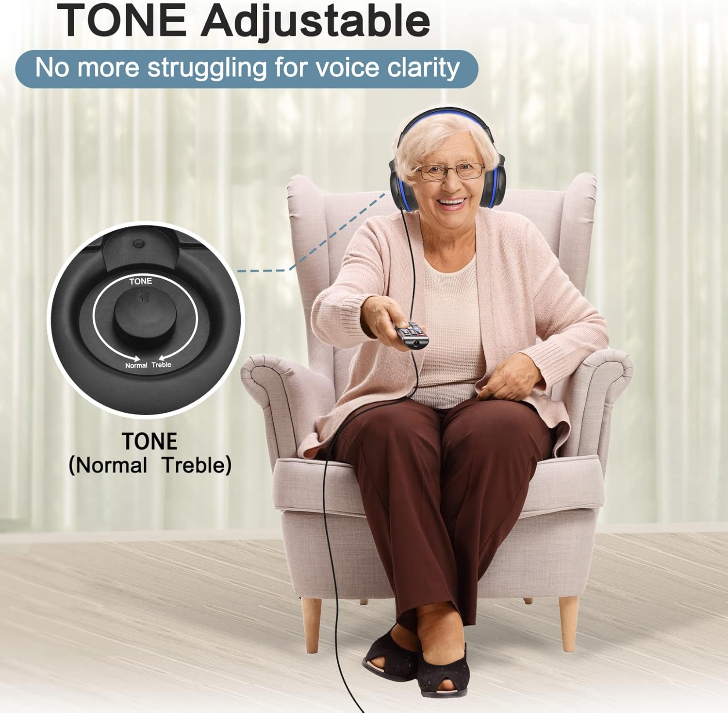 SIMOLIO Headphones with Extra Long Cord for TV with Volume Amplified & Clear Dialogue, 18Ft/5.5M Long Coil Cord, over Ear Wired TV Headphones for Seniors W/Volume Control & Clip, 40 Hrs Playtime image number 1