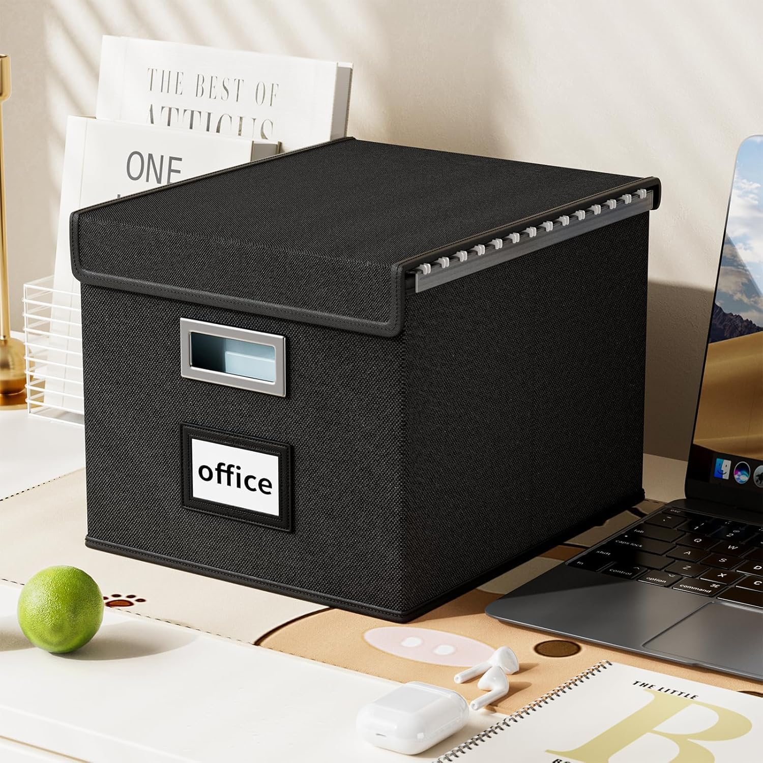 File Organizer Box, Upgraded Large Linen Hanging Office Document Storage Box with Lid, Collapsible Filing Storage Boxes, Filing Box Cabinet for Office Home, Black image number 1