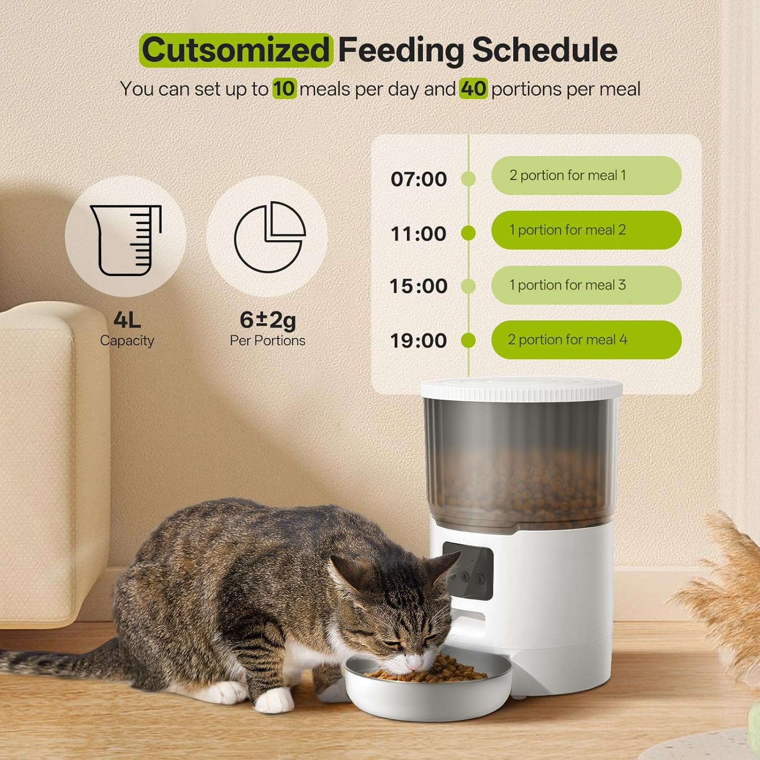 Mukkela Wifi Automatic Cat Feeder, 4L Timed Cat Dry Food Dispenser with 10S Voice Recorder, APP Control, Auto Pet Feeder up to 10 Meals per Day for Cats, Dogs, Dual Power Supply (White)