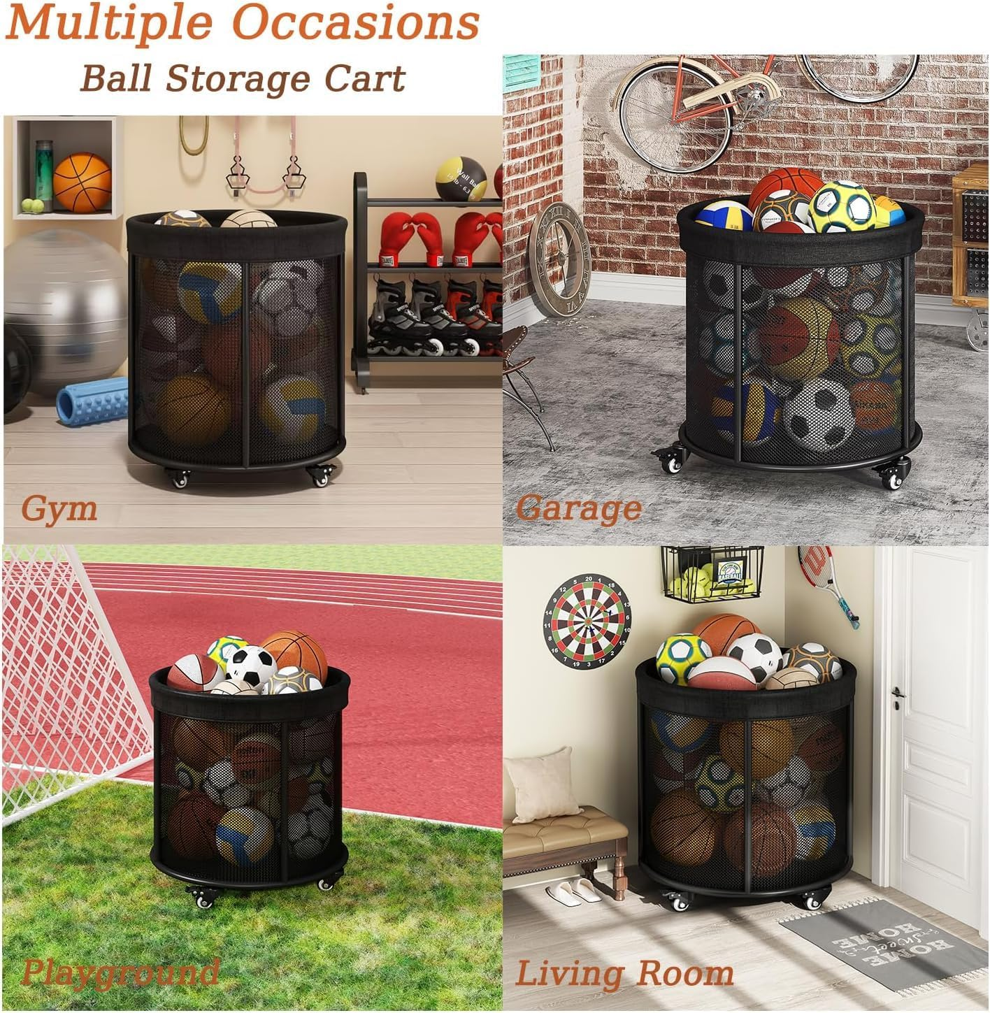Ball Storage Cart Ball Storage Bin for Balls, 48 Gals Mesh Ball Holder, Basketball Rack with Wheels, Outdoor, Indoor image number 2