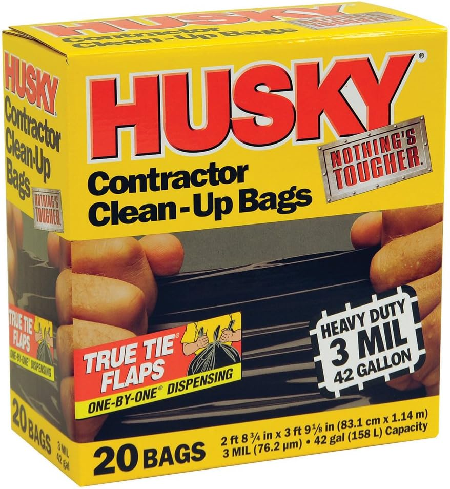 Husky HK42WC020B 42-Gallon Polyethylene Resin Contractor Clean-Up Bags, 20 Count, 4 Ft L X 2 Ft 9 in W X 3 Mil T, Black