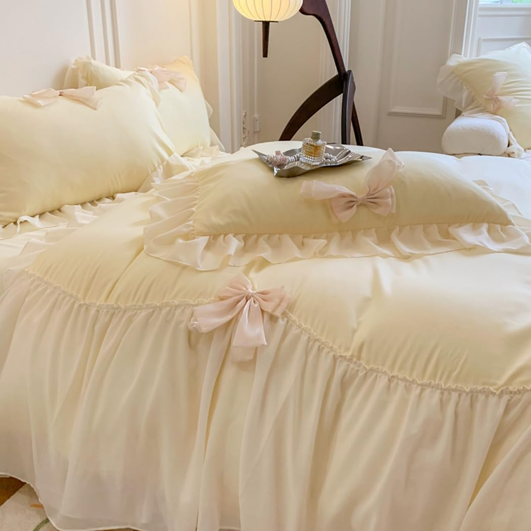 Lace Ruffled Bedding Bow Duvet Cover Set with Butterfly Tie, Soft Brushed Microfiber Shabby Chic Bedding Set with Zipper Closure-Yellow,Queen Size image number 4