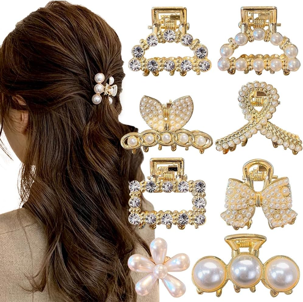 8Pcs Pearl Claw Clip Small Hair Clips for Women,Sweet Pearl Barrettes Various Styles Pearl Hair Claw Clips,Non-Slip Mini Claw Clips Gold Hair Clip Decorative Hair Accessories for Women Girl image number 3