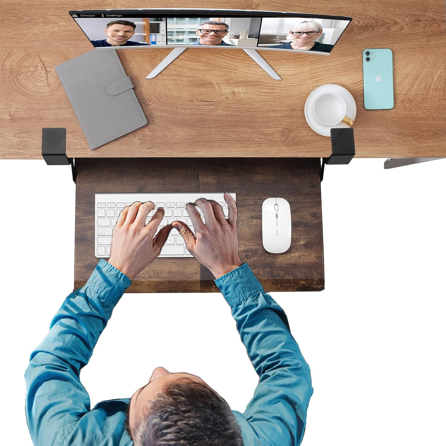 ETHU Keyboard Tray under Desk, 19.7" X 12.2" Small Size C Clamp Keyboard Drawer under Desk, Computer Keyboard Stand Slide Pull Out, Ergonomic Keyboard Tray for Home, Office (Wood) - Oak image number 3