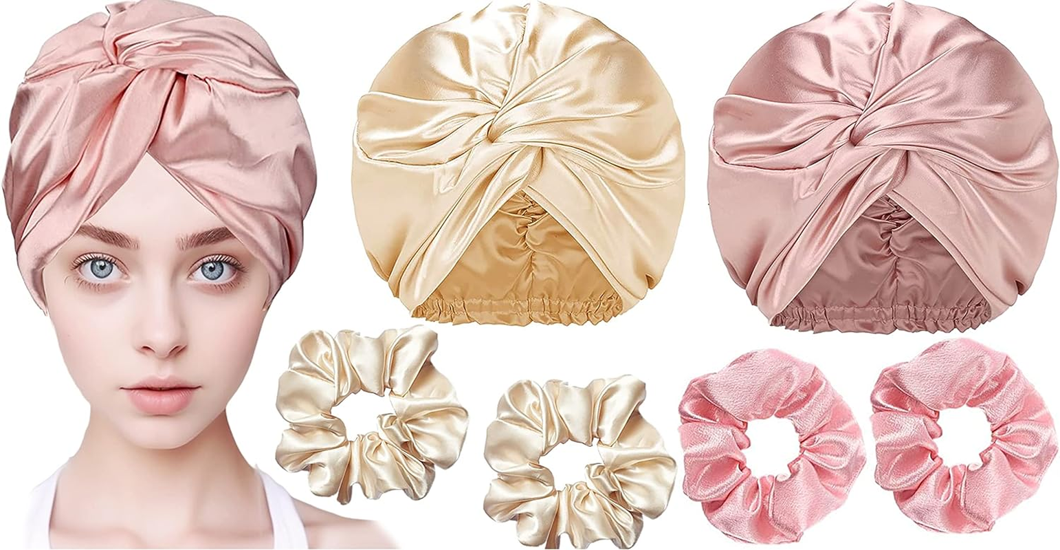 YBVABE Satin Bonnet and Scrunchies Set - Multipurpose Hair Cap and Shower Cap - 6Pack Silk Satin Accessories for Hair Protection and Style Preservation - Haircare Accessories for Women (Rose Gold & Purple)