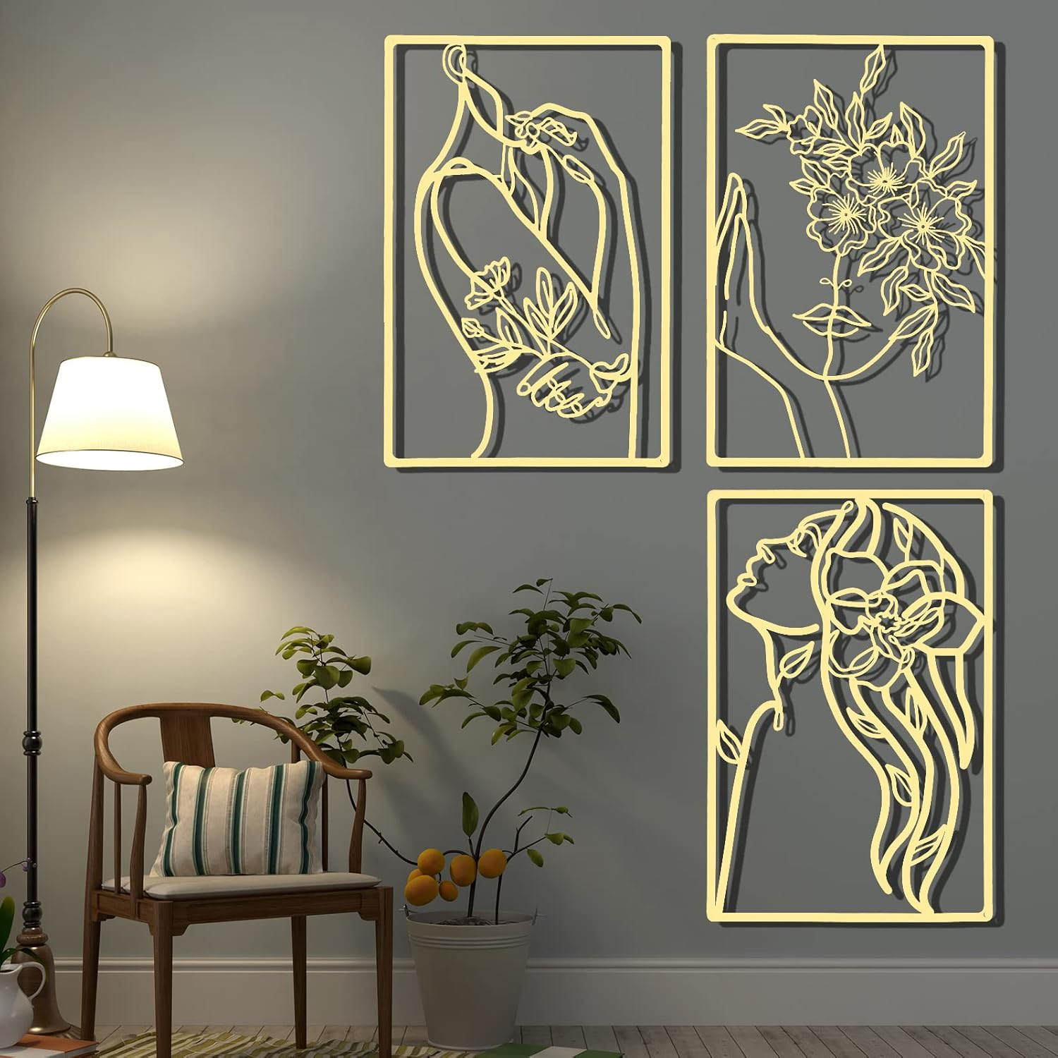 3 Pieces Metal Minimalist Abstract Woman Wall Art Line Drawing Wall Art Decor Single Line Female Home Hanging Wall Art Decor for Kitchen Bathroom Living Room (Gold, Flower) image number 4