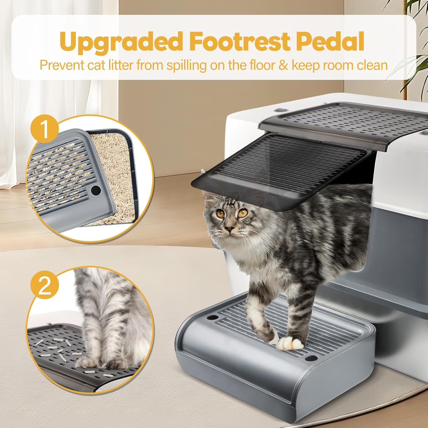 Cat Litter Box with Lid, XXL Stainless Steel Litter Box for Big Cats 3 Layer Removable Litter Box with Lid & Scoop&Pedal, Non-Sticky, Non-Odor, Easy Cleaning, Light Grey image number 4