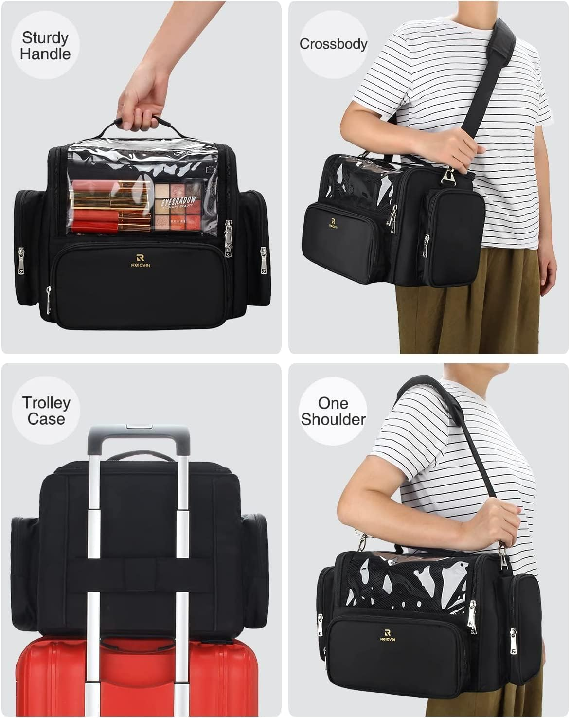 Makeup Brush Bag, Clear Makeup Brush Holder with Lid, Extra Large Capacity Travel Cosmetic Bag Makeup Artist Must Haves, Black Makeup Case, Make up Organizers and Storage, with Adjustable Dividers image number 6