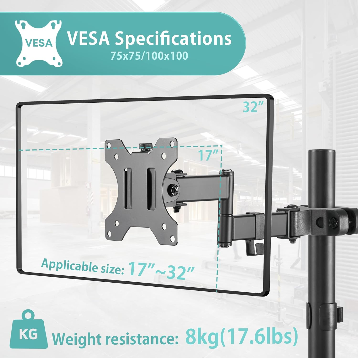 WORLDLIFT Pole Mount Monitor Arm Easy Clamp-On VESA Mount for 17-32" Screens Support up to 17.6Lbs/8Kg Compatible with 75X75 and 100X100 VESA Perfect Solution When Wall or Desk Mounting Isn'T Possible image number 1
