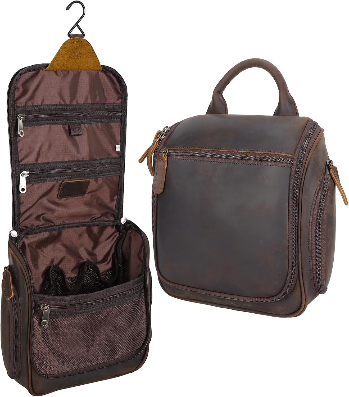 TIDING Leather Hanging Travel Toiletry Bag for Men Women Large Expandable Portable Toiletries Organizer for Travel Business Gym Use Leather Toiletries Bathroom Cosmetic Storage image number 2