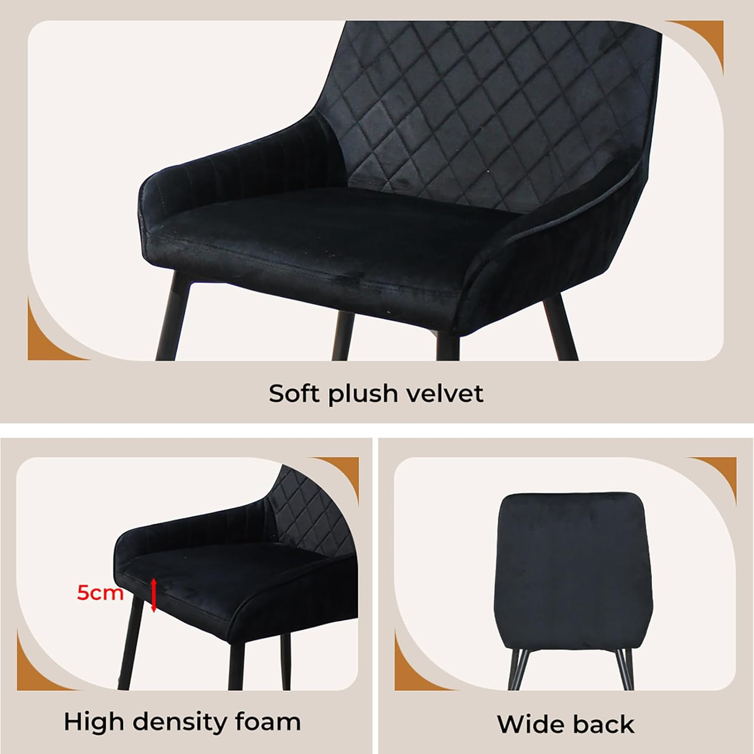 LEVEDE 4X Dining Chairs, Black Velvet, Contemporary Style, Dining Chair, Kitchen, Living Room, Cafe, Meeting Room, Load up to 150Kg image number 3