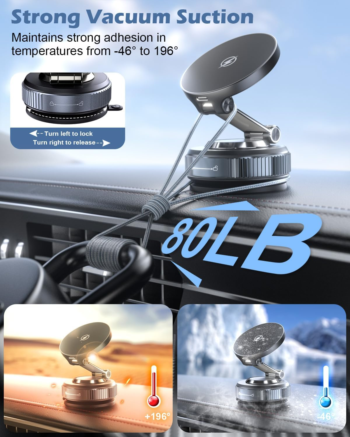 Cloudvalley 15W Magnetic Wireless Car Charger Mount, Nano Gel Vacuum Suction Cup Phone Holder for Dashboard & Windshield, Foldable 360&deg; Adjustable Cell Phone Charging Stand Compatible with Magsafe image number 2