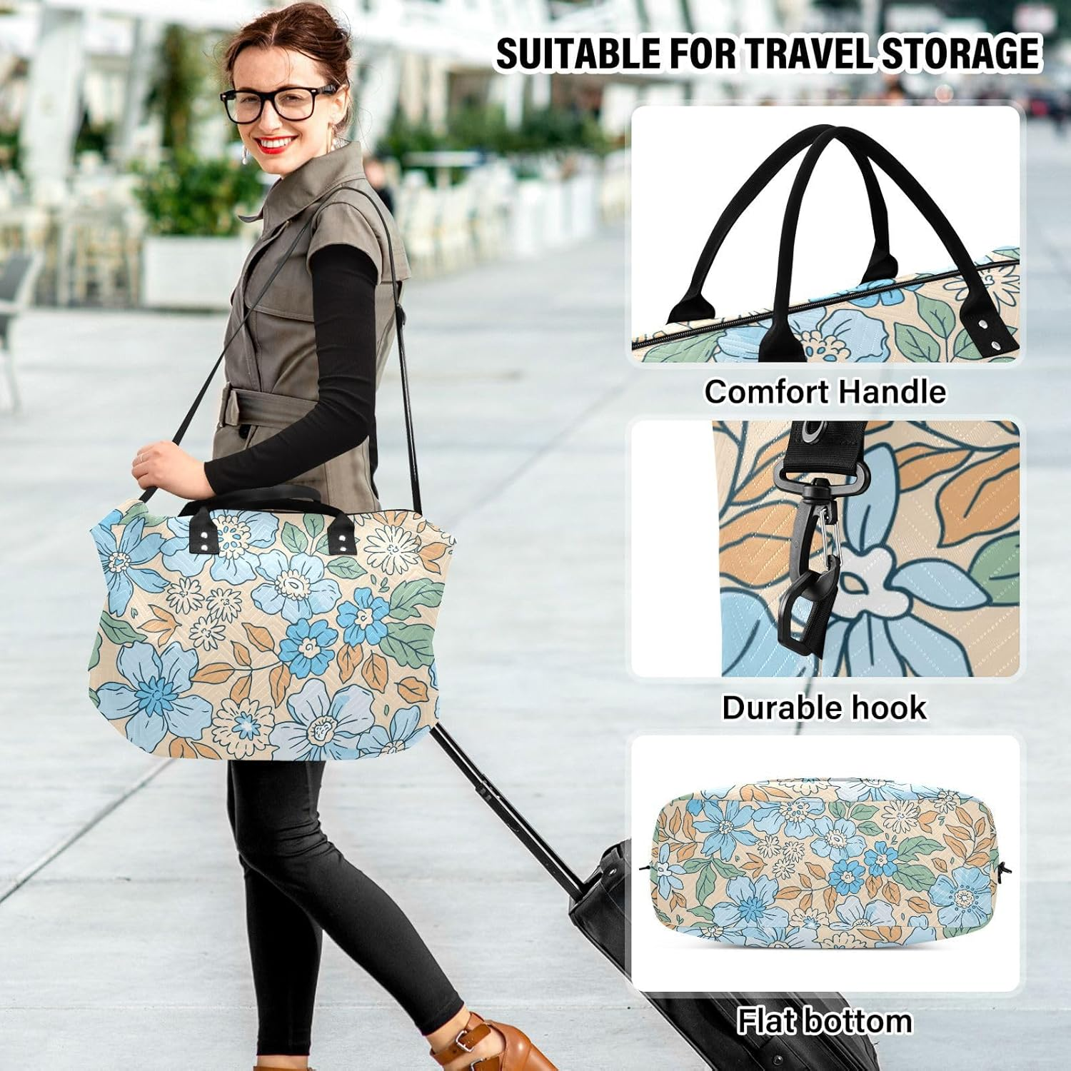 Duffel Bag Travel Weekender Gear Bag Elegant Floral Modern Blue Yellow Sport Training Bag with Toiletry Bag For, Elegant Floral Pattern Modern, Set of 2, Art Deco image number 5