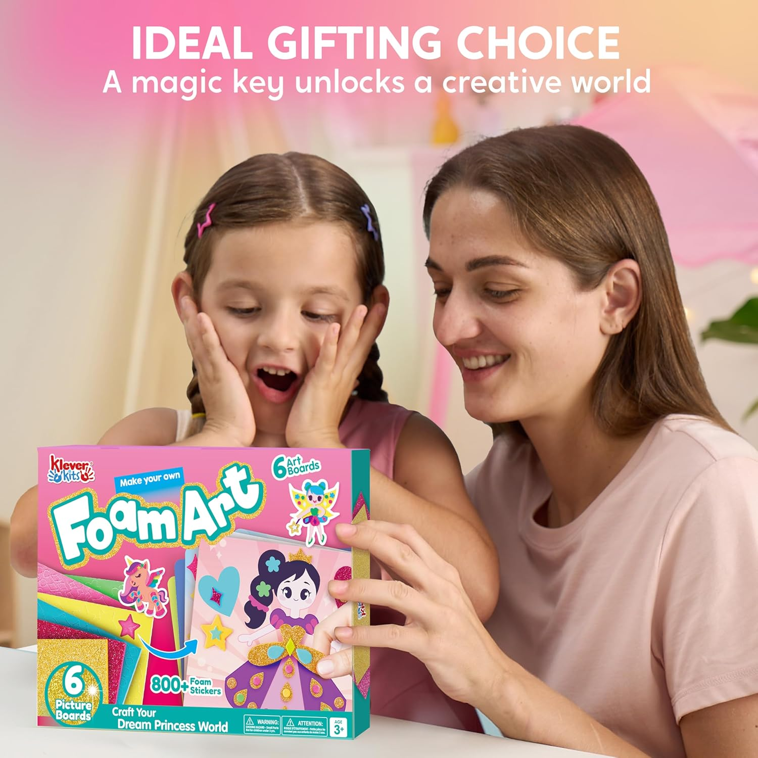 Klever Kits Foam Art Kit for Kids, EVA Foam Stickers with 6 Art Board and 800+ Stickers, DIY Arts and Crafts for Boys Girls Age 3+, Unicorns & Princesses Birthday Gifts Travel Toy image number 1
