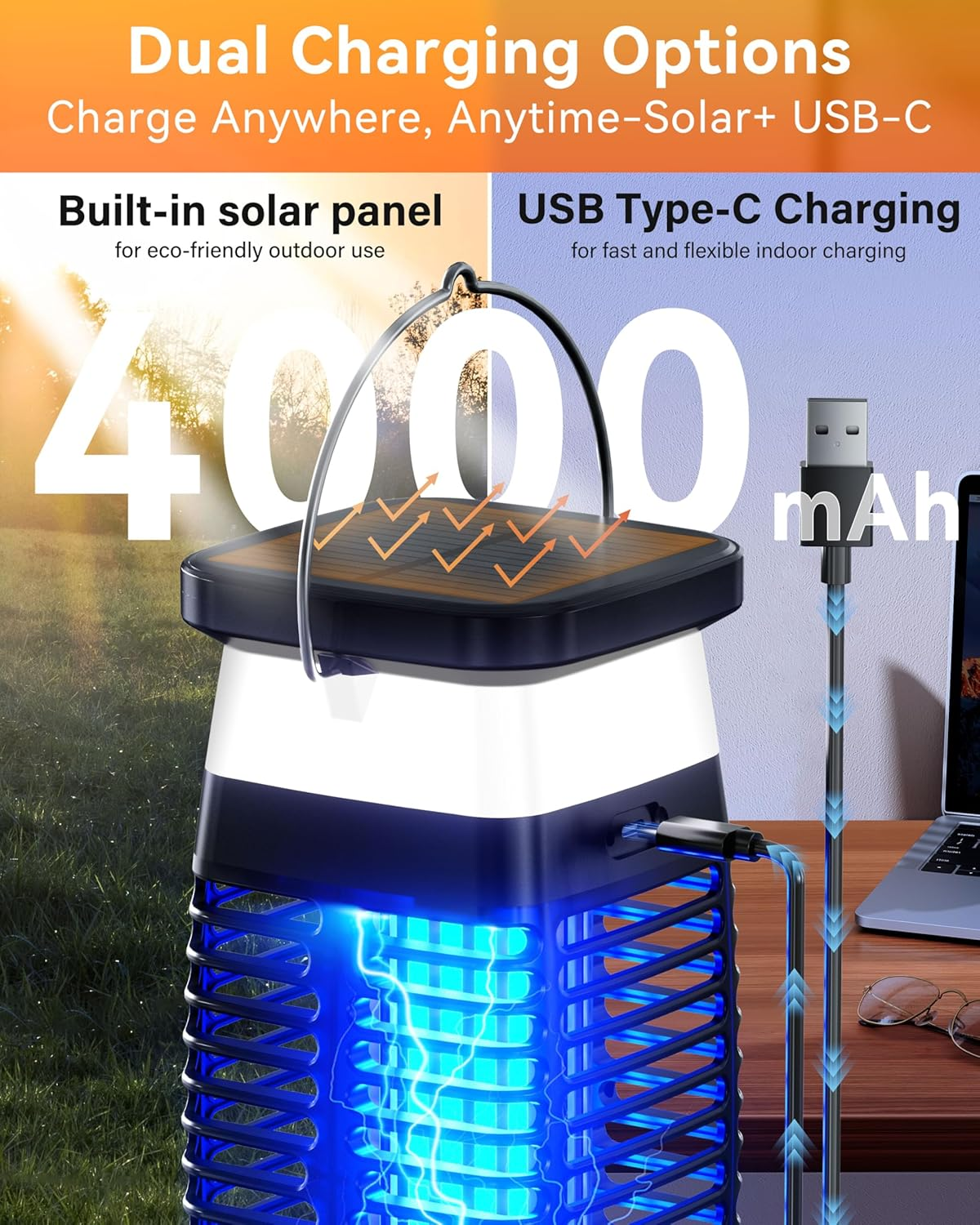 Mosiller Solar Bug Zapper Outdoor - Electric Fly Killer Mosquito Zapper Waterproof, Portable Trap Lamp Brightness Outdoor & Indoor Insect Killer with Panel Sensor for Home, Patio, Backyard, Camping image number 4