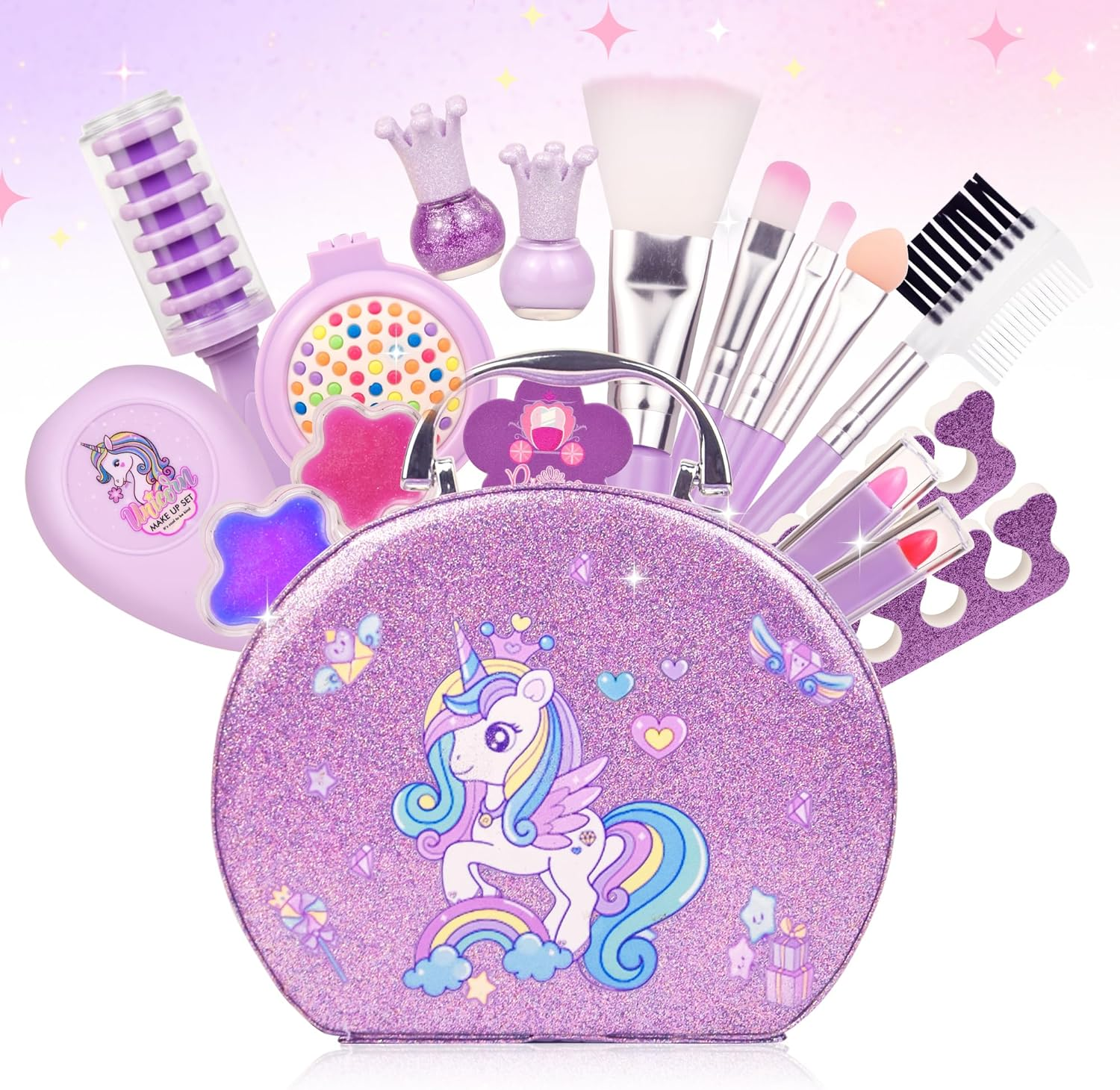 Kids Washable Makeup Kit for Girls - Real Make up Set with More Kits- Pretend Play Beauty Toys for Toddlers and Kids, Christmas Birthday for Girls Ages 3-12 (Pink Unicorn)