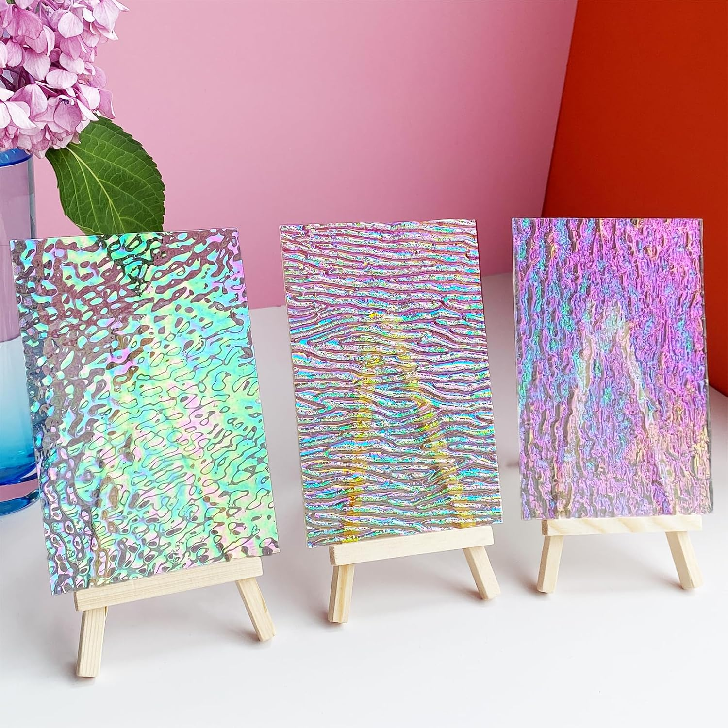 ILLUCKAI 12 Sheets Clear Textured Stained Glass Sheet, 4 X 6 Inch Rainbow Iridescent Cathedral Art Glass Variety Textures, Stained Glass Supplies for Stained Glass Projects and Mosaic Crafts image number 3