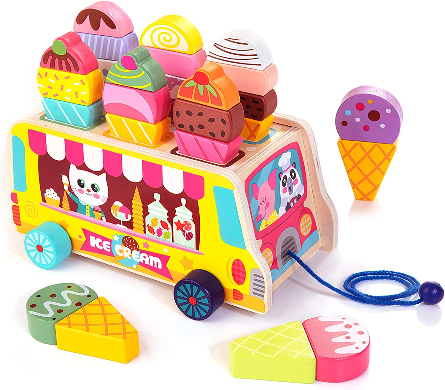 Wooden Ice Cream Truck, 28 Pcs Ice Cream Sweet Treats Pretend Play Food & Accessories, Montessori Sorting & Stacking Toys for Toddler Girls & Boys Age 2-5&hellip; image number 3