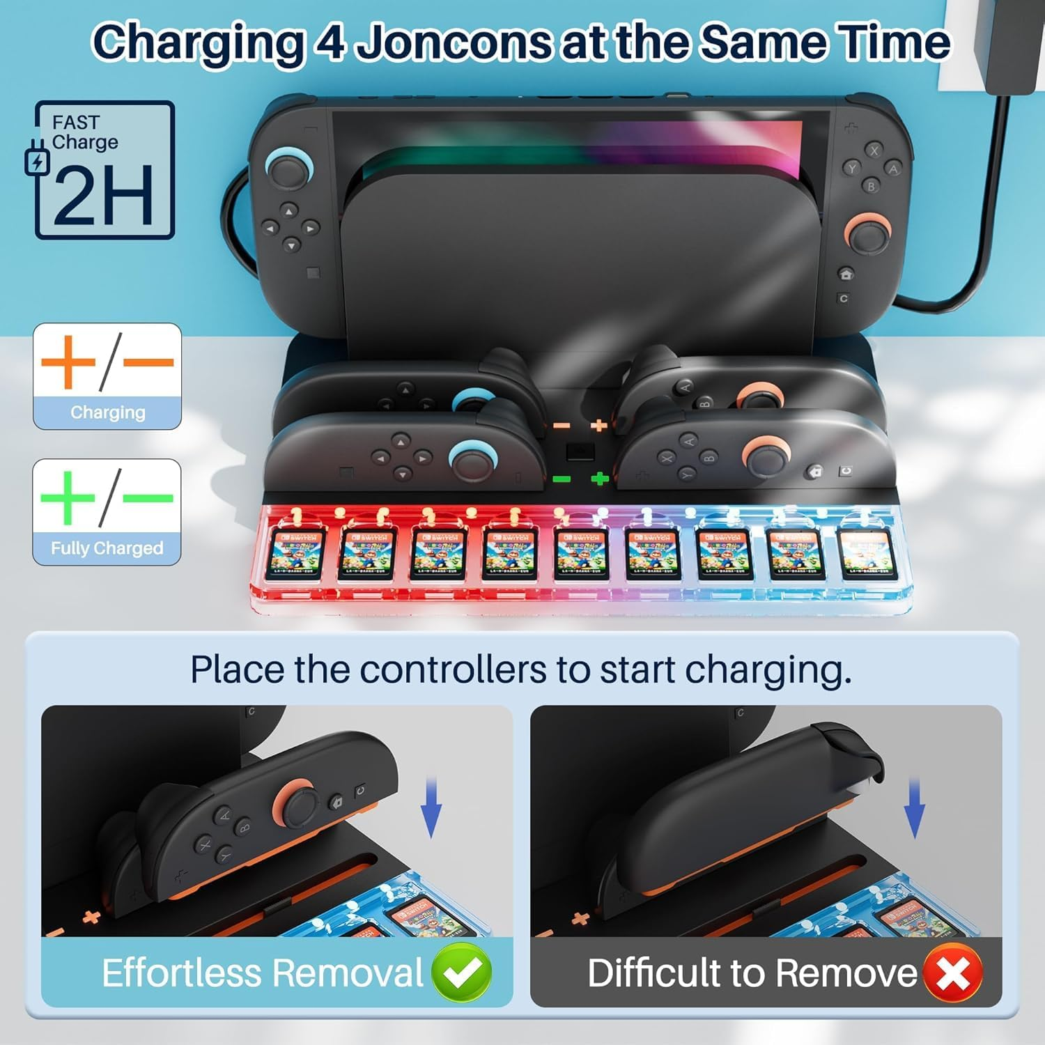 ZONEY Charging Dock Station for Nintendo Switch 2 Joy Con, 4 Controllers RGB Light Fast Charger Stand Station, with 9 Game Card Storage Stand, Black