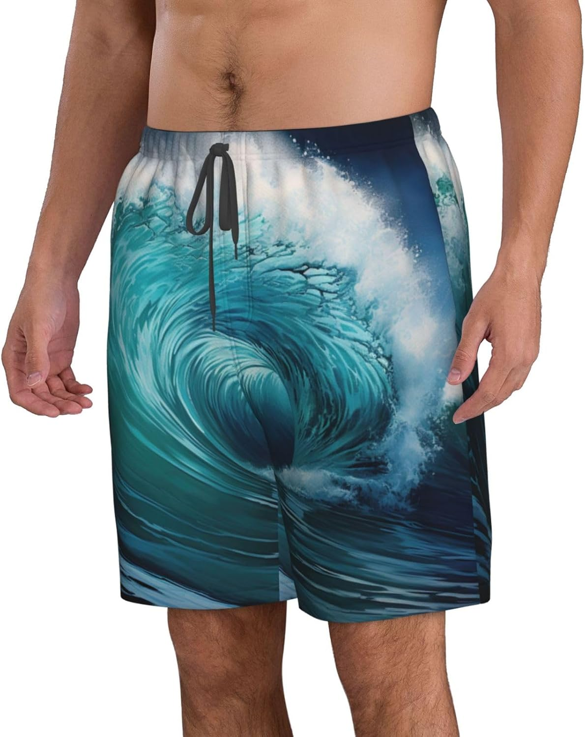 Beautiful Ocean Waves Print Men'S Beach Shorts Hawaiian Summer Holiday Casual Shorts with Drawstring, Quick Dry image number 1