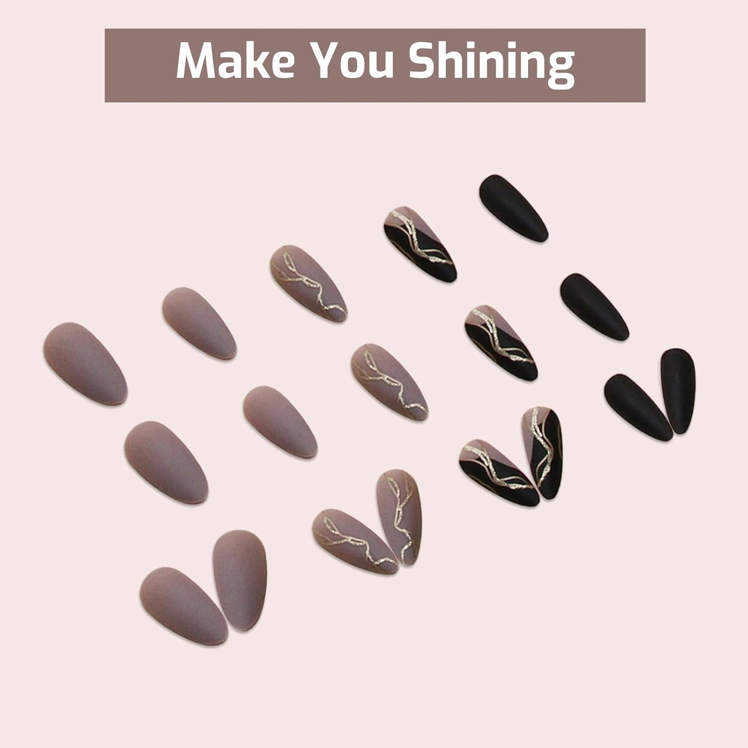 Tzylomirx 24 Pcs Press on Almond Nails with Metal Line Design, Medium Length French Tip Elegant and Stylish Coffin False Nails, Glossy Full Cover Acrylic Nails Ideal for Women & Girls image number 5