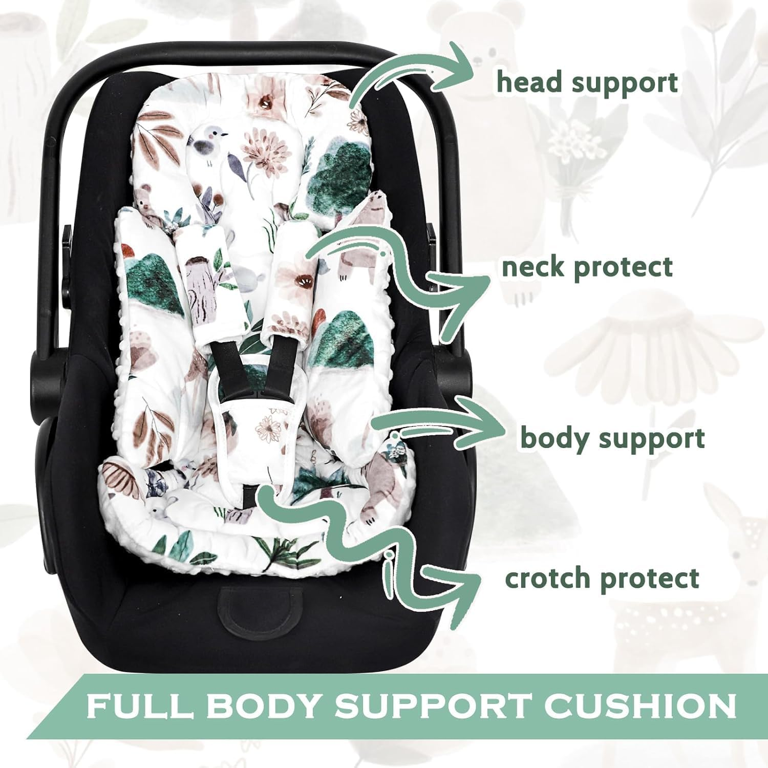Infant Car Seat Insert and Strap Covers, Very Soft Car Seat Head and Body Support Baby Girl Boy, Reversible Newborn Carseat Insert Cushion Fits for Stroller, Baby Swing, Bouncer (White Animals) image number 4