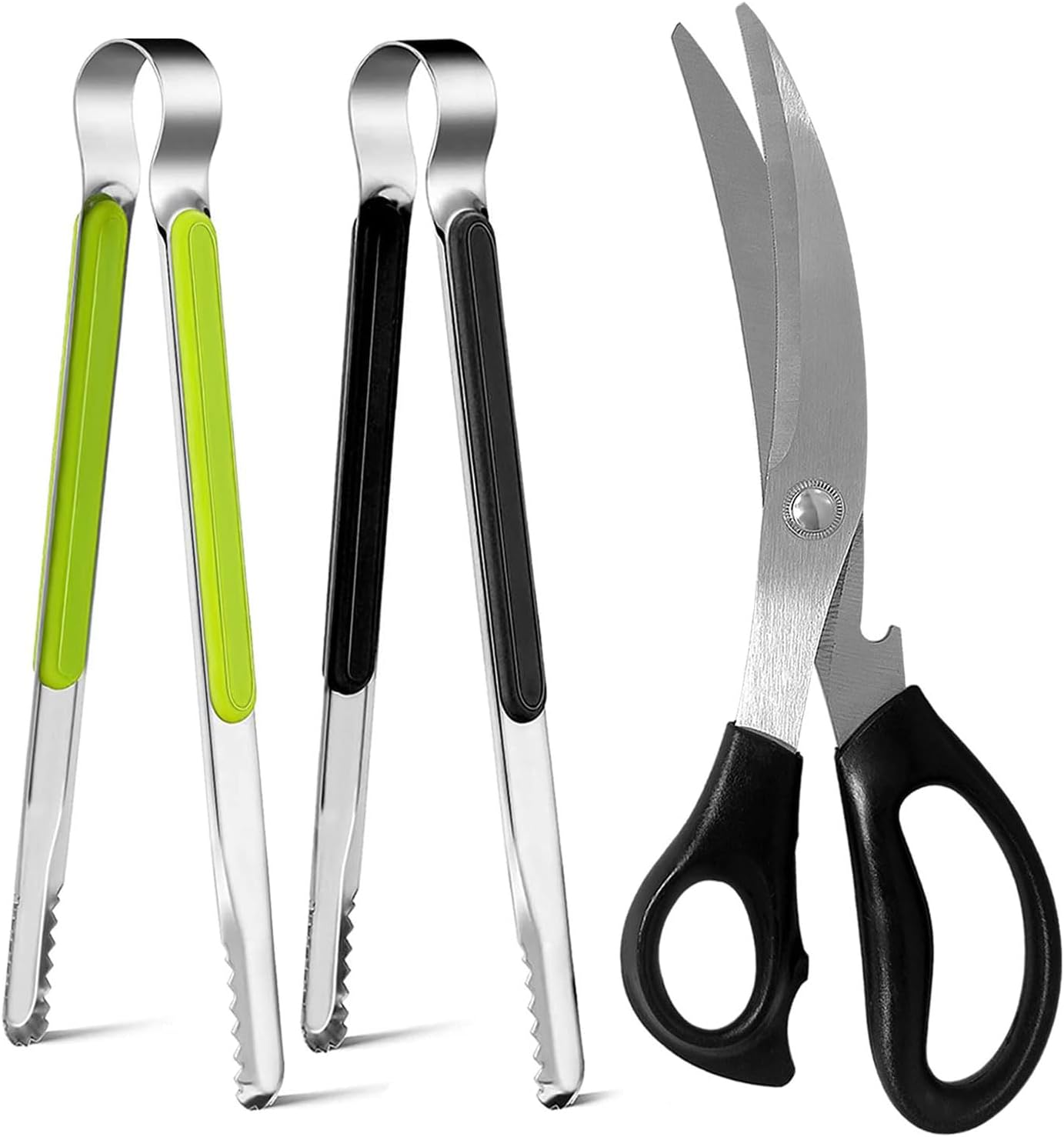 Kitchen Scissors and Tongs Set, Stainless Steel Multipurpose BBQ Shears for Cutting Meat, Chicken, and Vegetables, Non-Slip Serrated BBQ Scissors with Cooking Tongs for Grilling image number 2