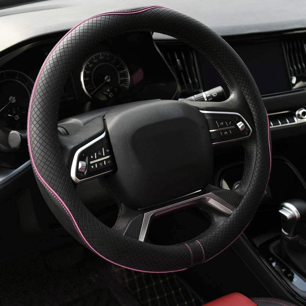 Valleycomfy Car Steering Wheel Covers 37-39 Cm Steering Wheel Cover Faux Leather Universal Breathable Anti-Slip & Odour-Free Black with Blue Line