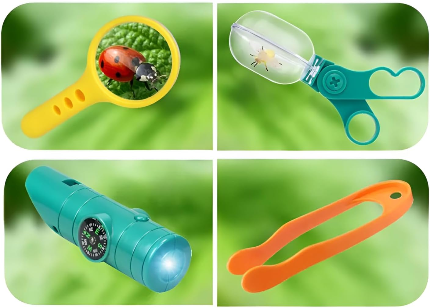 Why2Wise Bug Catcher Kit for Kids - Outdoor Explorer Kit with Insect Box, 2-In-1 Whistle and Compass, Magnifying Glass, Tweezers, Clamp, Insect Cards - Educational Toy 3+ Years Old Boys Girls
