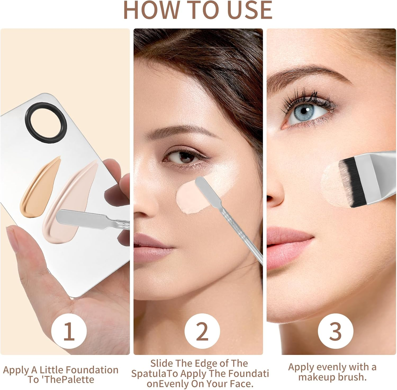 EXEXIUO 3Pcs Makeup Mixing Palette Kit Including Foundation Spatula, Makeup Palette Tray, and Brushes for Women, Girl Korean Cosmetic Spatula Tool(Metal) image number 6