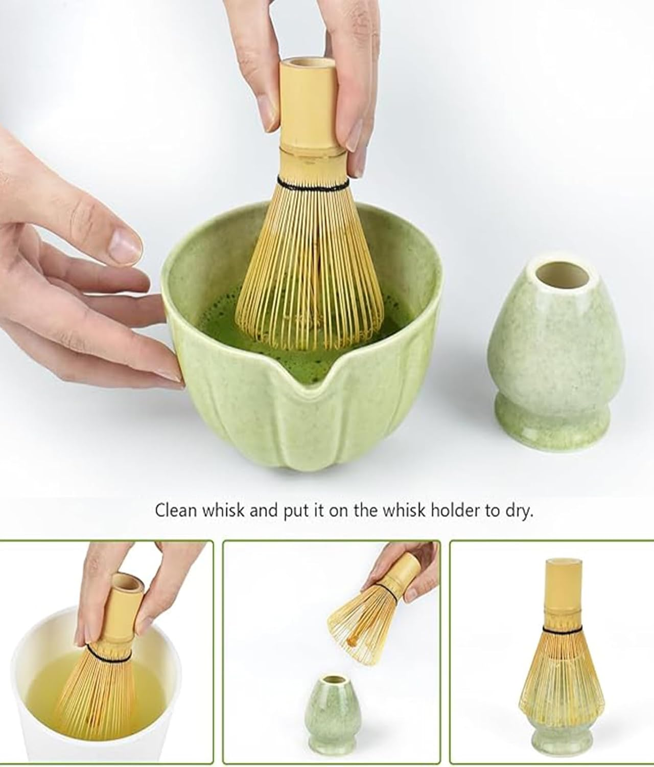 Matcha Whisk Set, Japanese Tea Set Includes Matcha Bowl with Spout, Matcha Whisk Holder, Bamboo Tea Whisk and Bamboo Scoop, Mottled Tea Green Glaze Ceramic Tea Kit for Tea Lovers (Green 7Pcs) image number 3