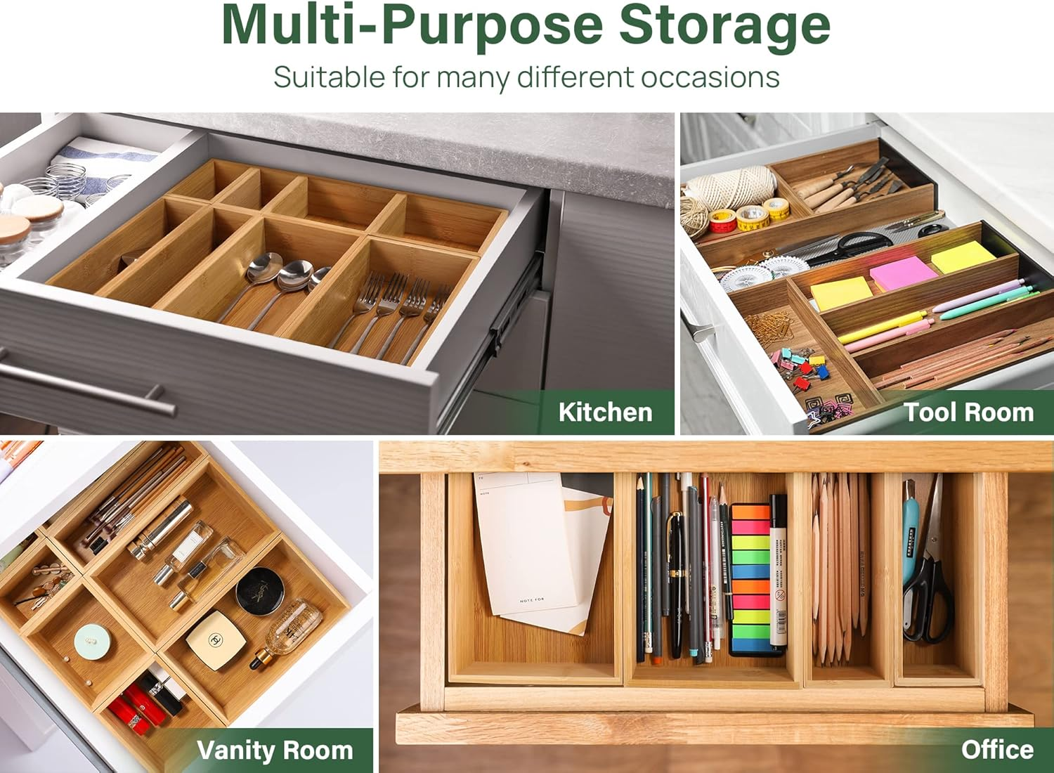 Kootek 8 Pcs Bamboo Drawer Organizer Utensil Tray Kitchen Storage Box 4-Size Versatile Dividers Cutlery Holders Bins Containers for Flatware Kitchen Utensils image number 4