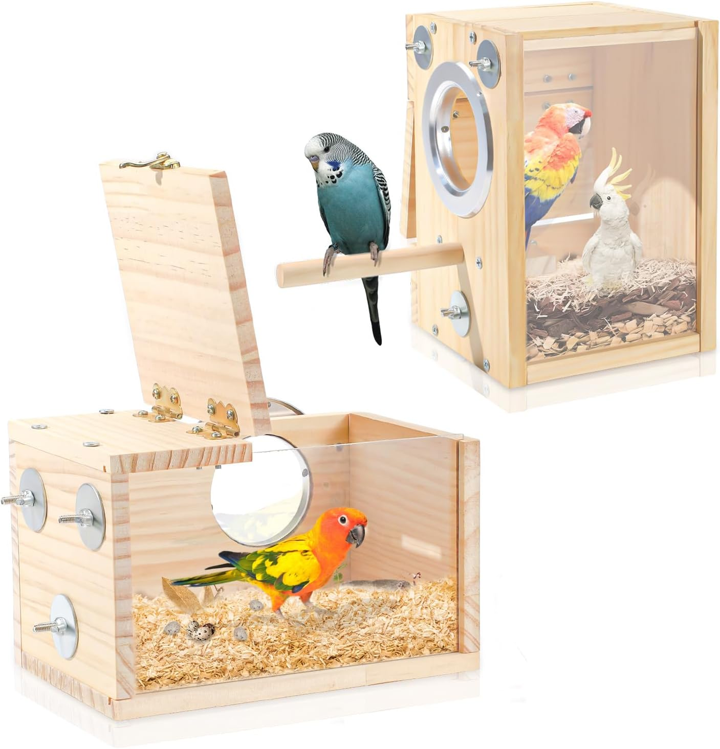 2 Pack Wood Bird Nest Box, Parakeet Nesting Box, Bird Nest Breeding Box Transparent, Bird House for Cage, Wood Breeding Box for Lovebirds, Cockatiel, Budgie image number 3