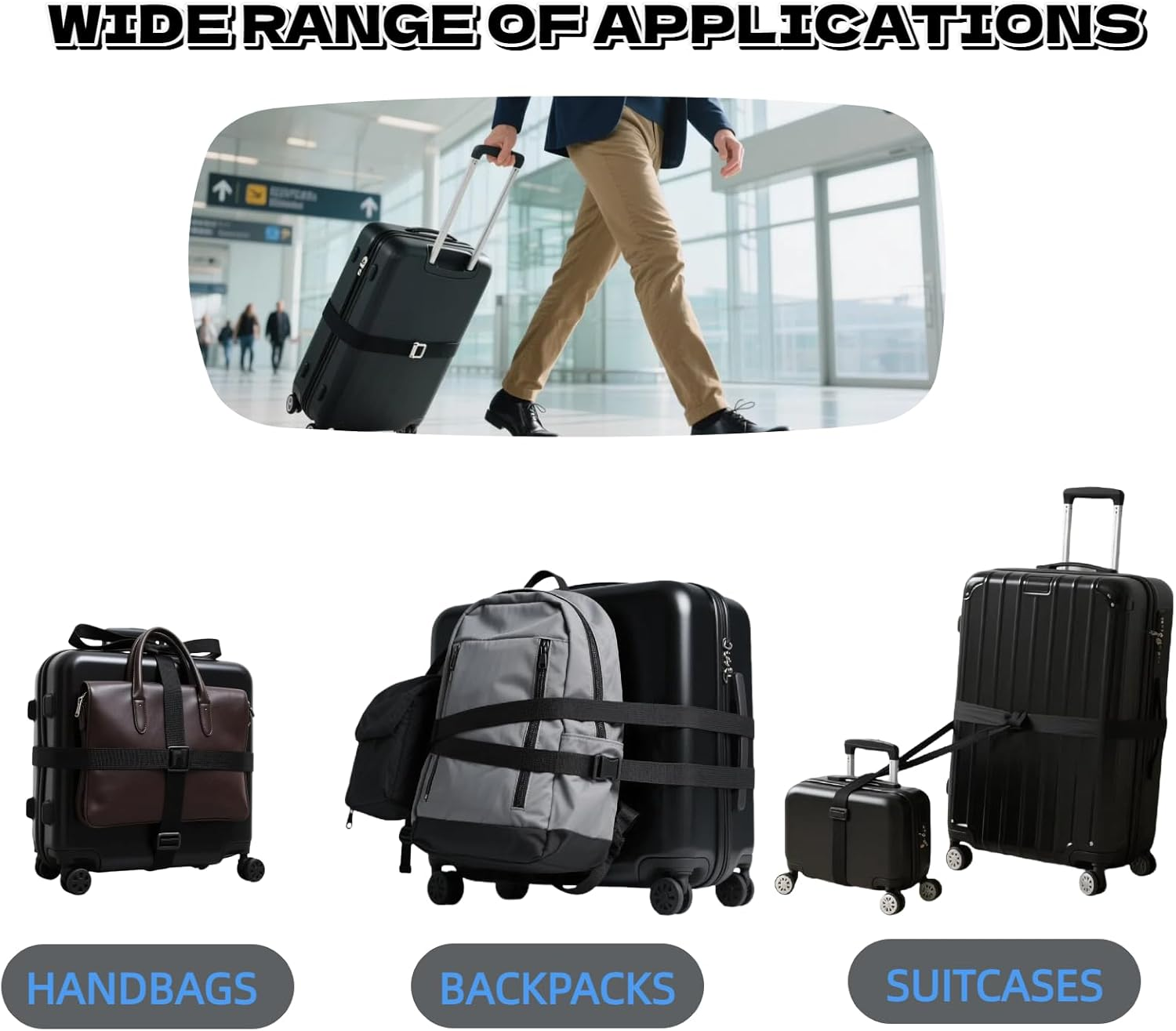 Pack of 4 Black Luggage Straps, Elastic Suitcase Strap, Adjustable Buckle Strap, Suitcase Strap for Safely Packing and Organising Travel Bags, Suitcases, Luggage Strap (3 X 50-200 Cm) image number 6