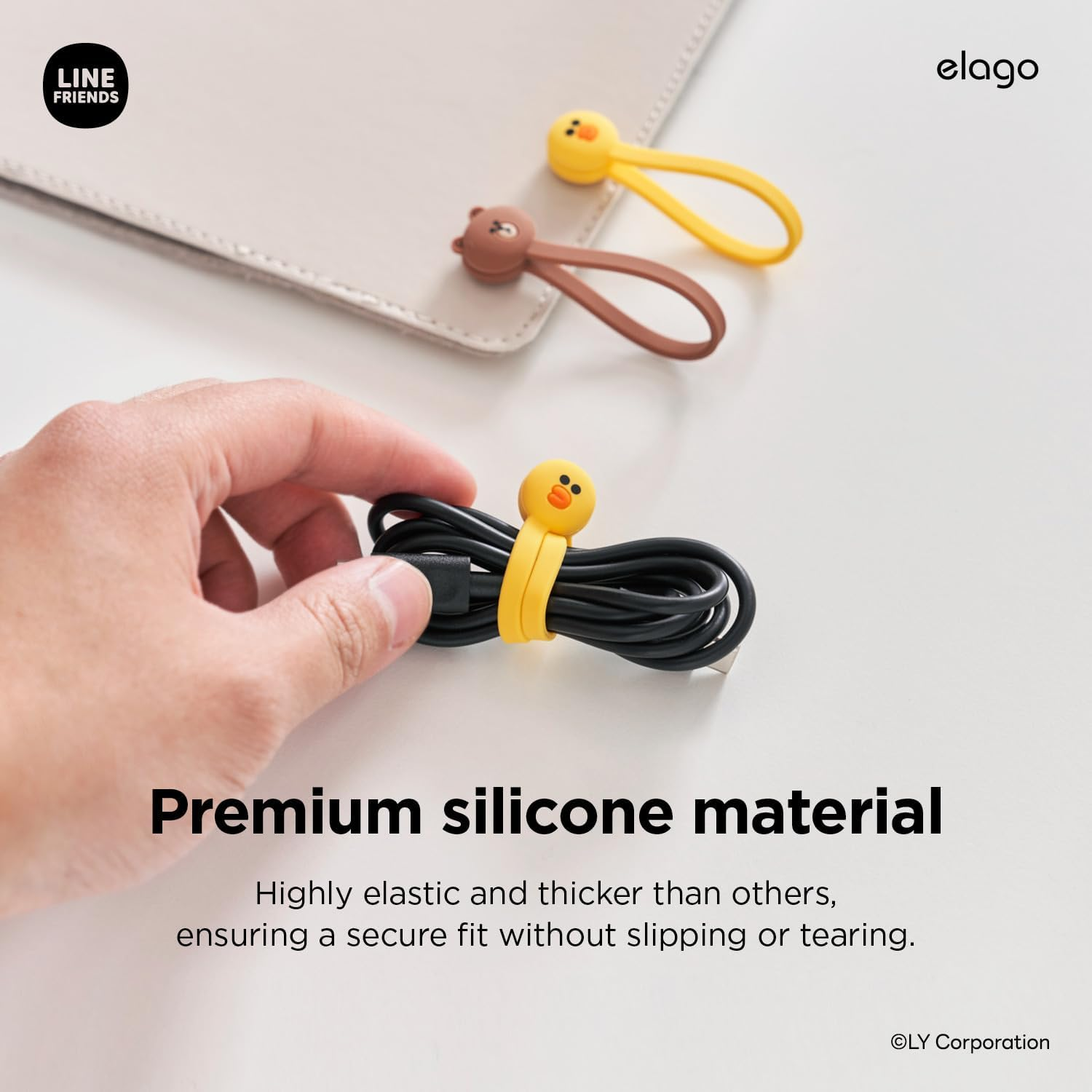 Elago | LINE Friends Magnetic Cable Ties, Premium Silicone Cord Organizer, Reusable Magnetic Cable Organizer [Official Merchandise] (Sally) - Brown image number 4