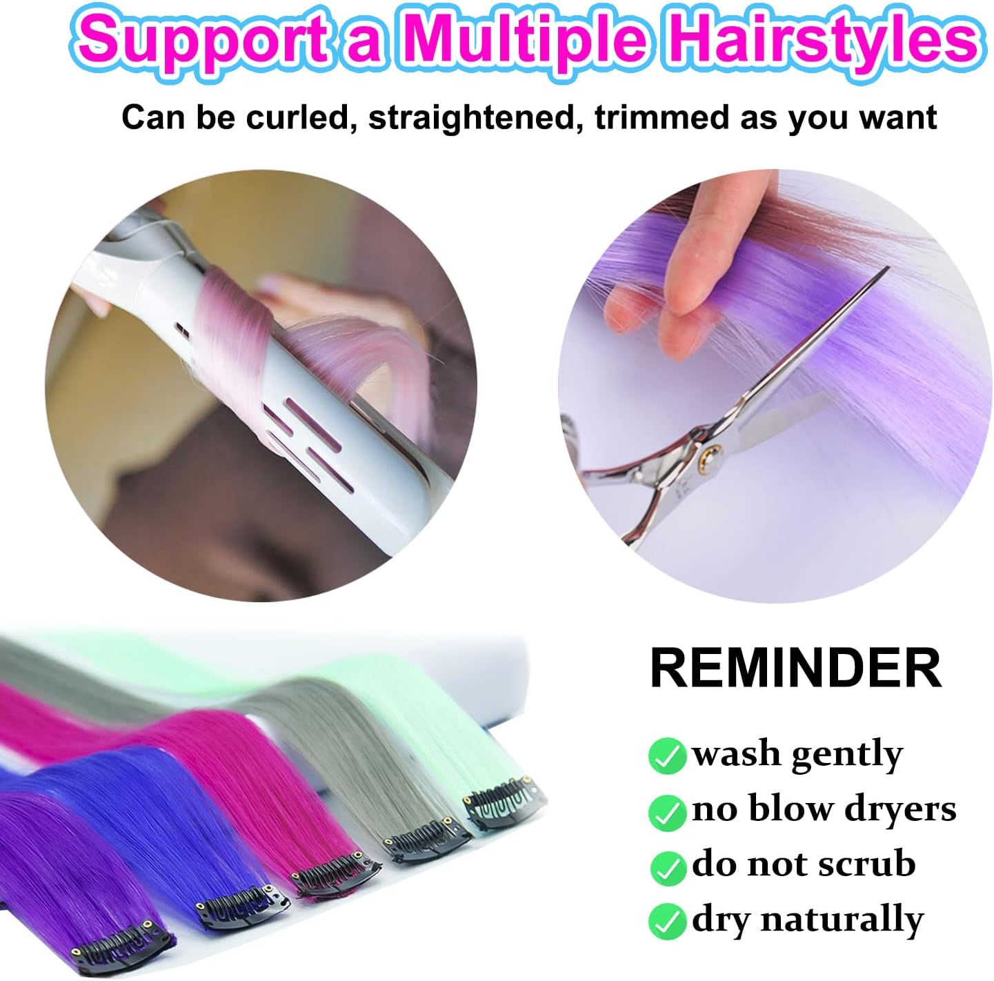 JOOTUEPO 22 PCS Colored Hair Extensions Clips, Colored Clip in Hair Extensions, Colorful Party Highlights Hairpieces Rainbow, Hair Accessories for Kids Girls Women image number 1