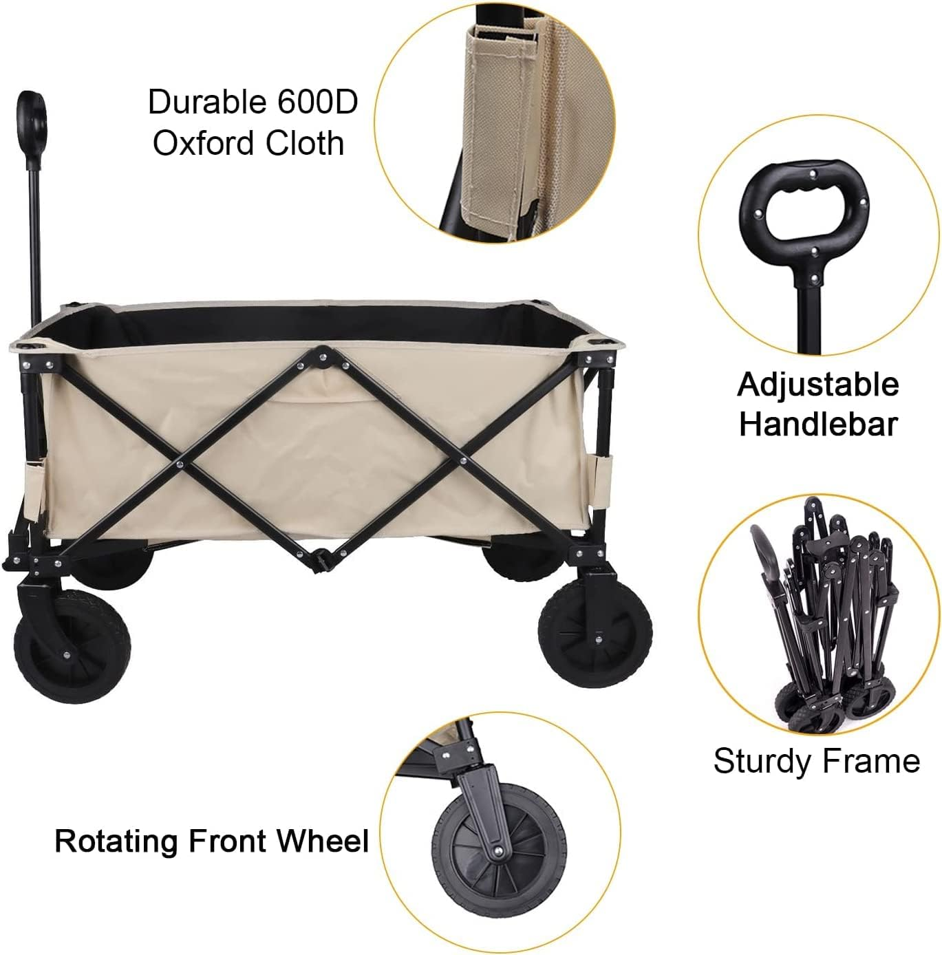 CULOTOL Collapsible Wagon with Large Capacity 160KG, Utility Wagons Carts Heavy Duty Foldable, Portable Folding Wagon with All-Terrain Wheels,Handle, Garden Cart for Beach, Sports, Shopping, Camping image number 4
