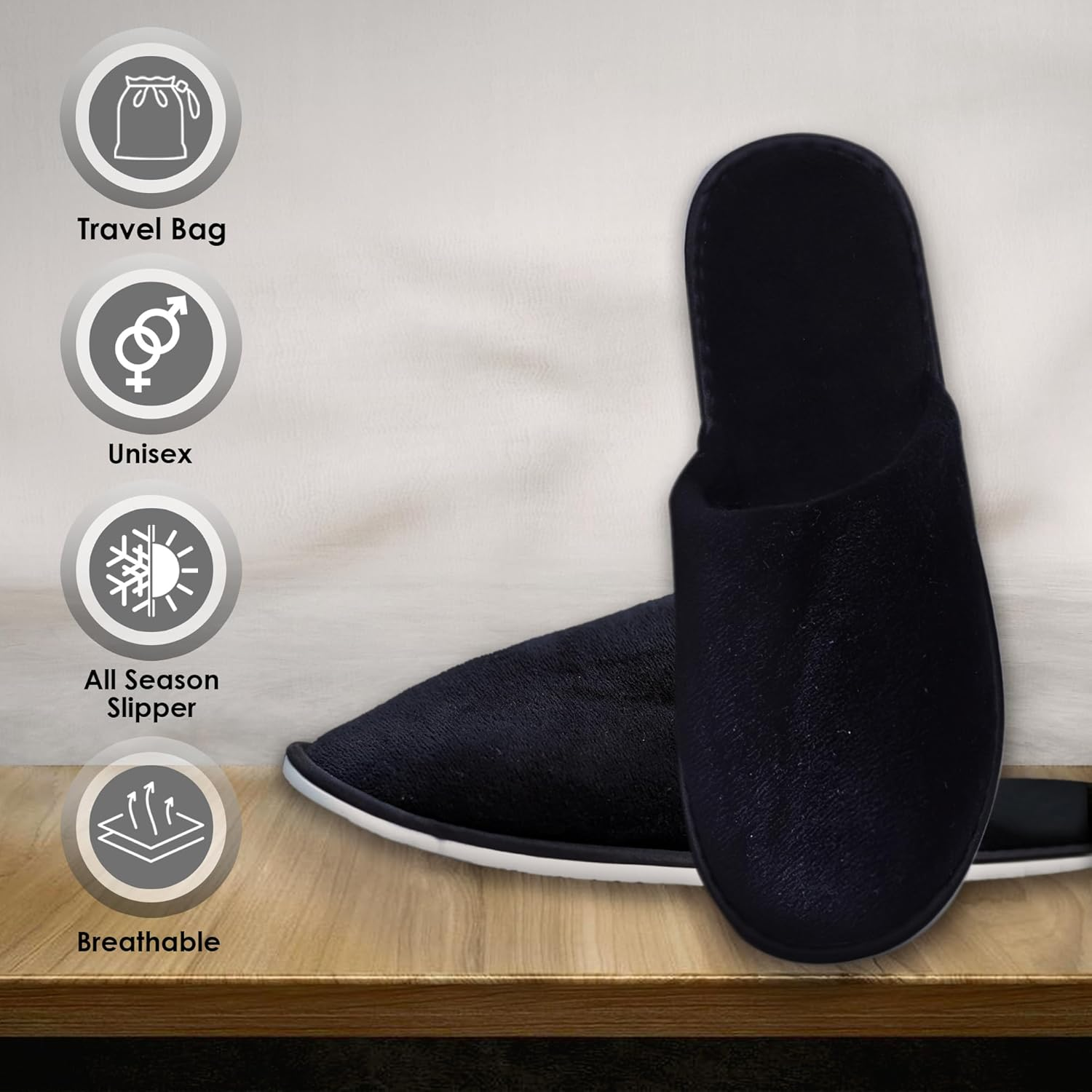 MODLUX Spa Slippers Travel Bags White Fluffy Closed Toe Spa Slippers by Two Sizes to Fit Most Men and Women, Comfortable and Non-Slip - Perfect for Home, Hotel or Commercial Use 6 Pack Large Black image number 6