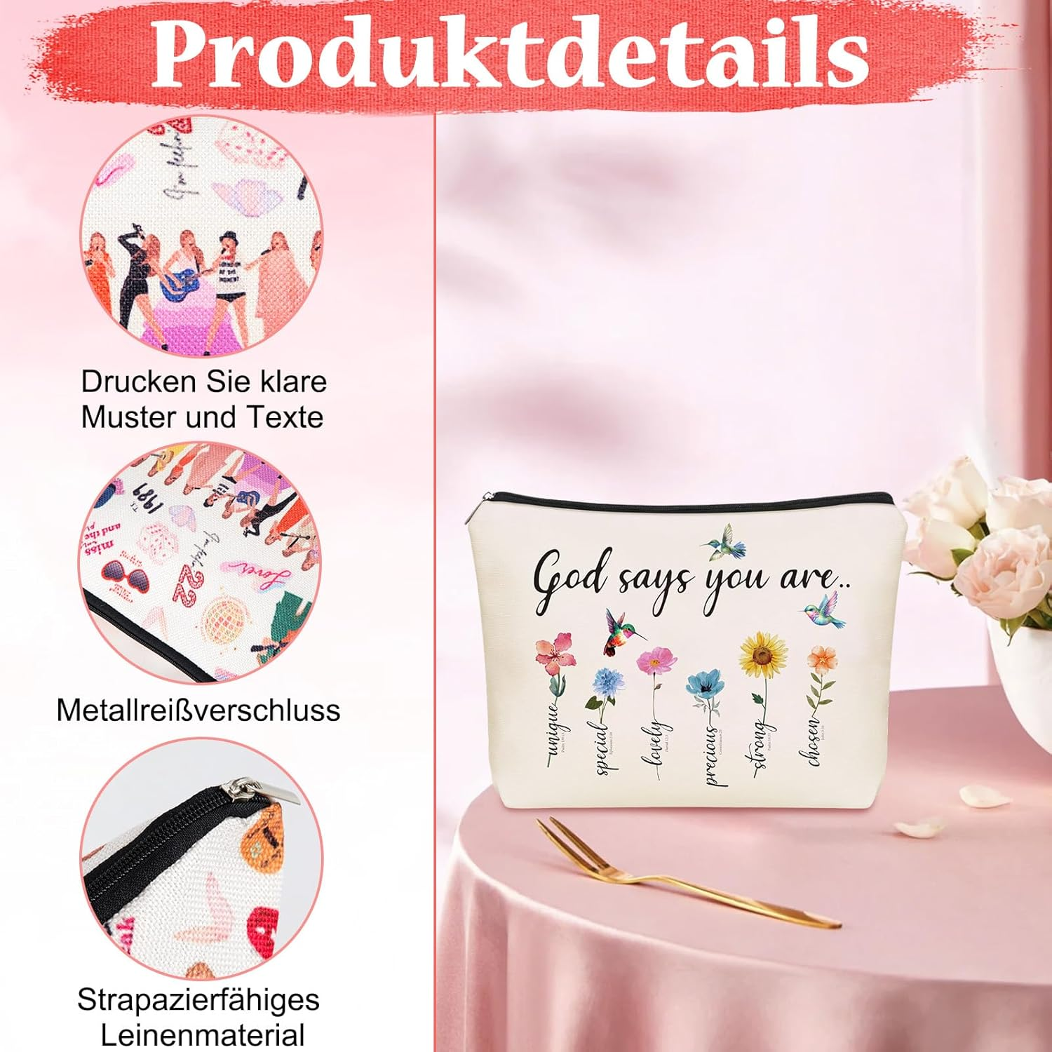 Bible Cosmetic Bag Small Christian Make up Bag God Says You Are, Cosmetic Bags Encouragement Travel Toiletry Bag with Flower, Makeup Bag for Women Bible Verses