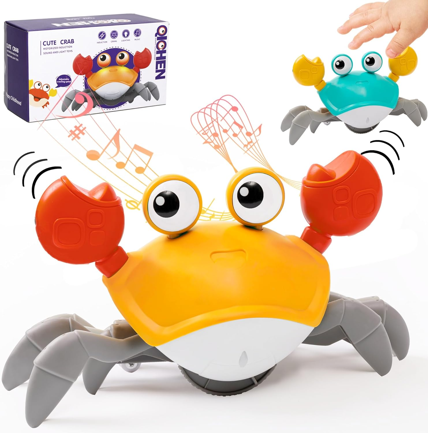 2025 New Crawling Crab Baby Toy, Rechargeable Infant Tummy Time Toys with Music, Lights, 3 Adjustable Speeds＆Silent Function,Crab Crawling Sensory Toy for Toddler, Electronic Pet for Boy Girl (Orange)