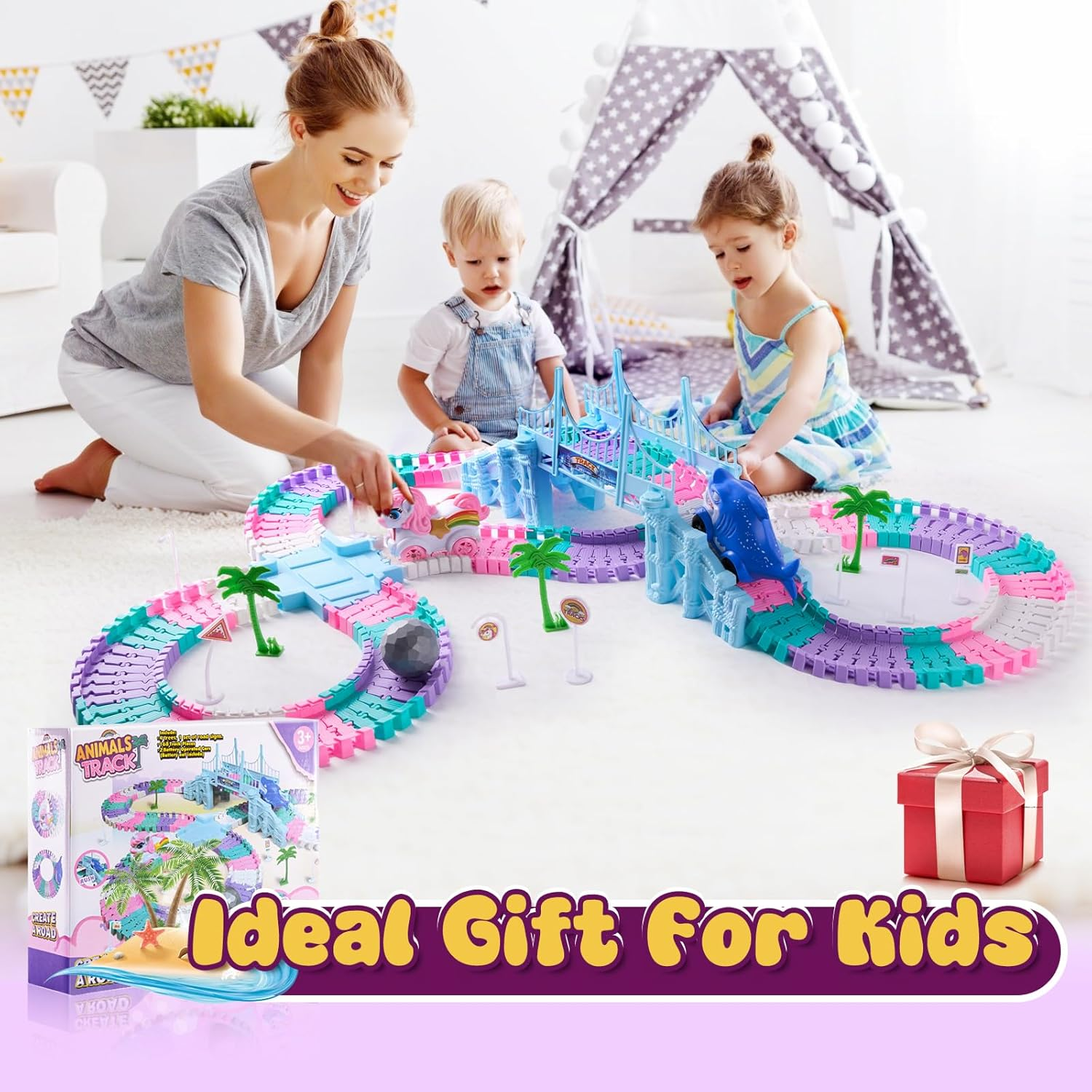 DIY Unicorn Track Toys 194 Pcs Shark Race Car Toys for Boys Girls 3 4 5 6 7 9 Year, Bendable Flexible Racetrack Cars with Shark & Ball, Unicorn Gifts for Girls, Presents for 3+ Year Old Kids image number 5