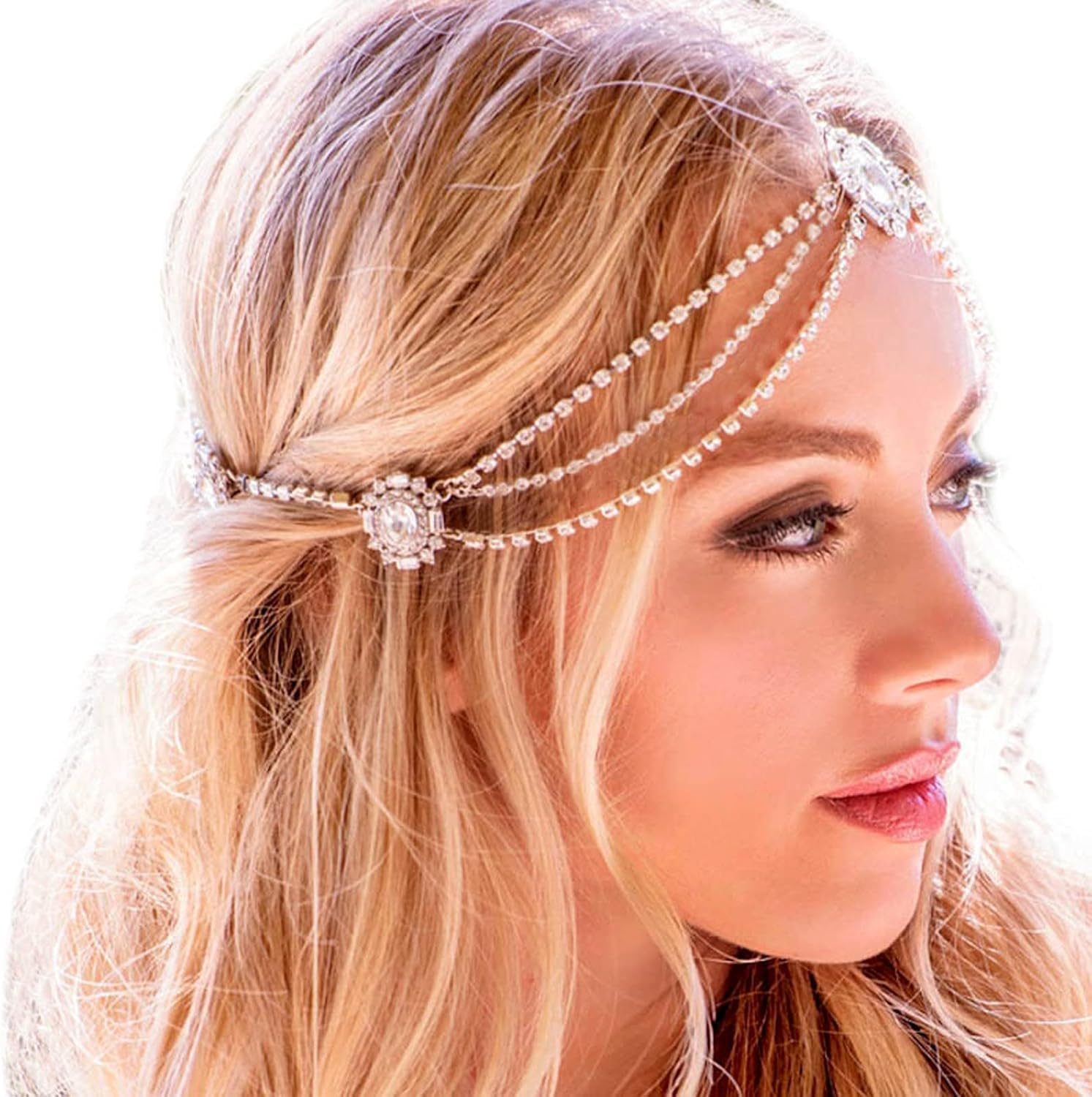 Vintage Bridal Rhinestones Head Chain Layered Rhinestone Forehead Rhinestone Waterdrop Waterdrop Headpiece Headpiece Handmade Rhinestone Wedding Headband Head Chain Bridal Wedding Hair Accessories for Women (Golden 3, One Size) - Golden 3 image number 5