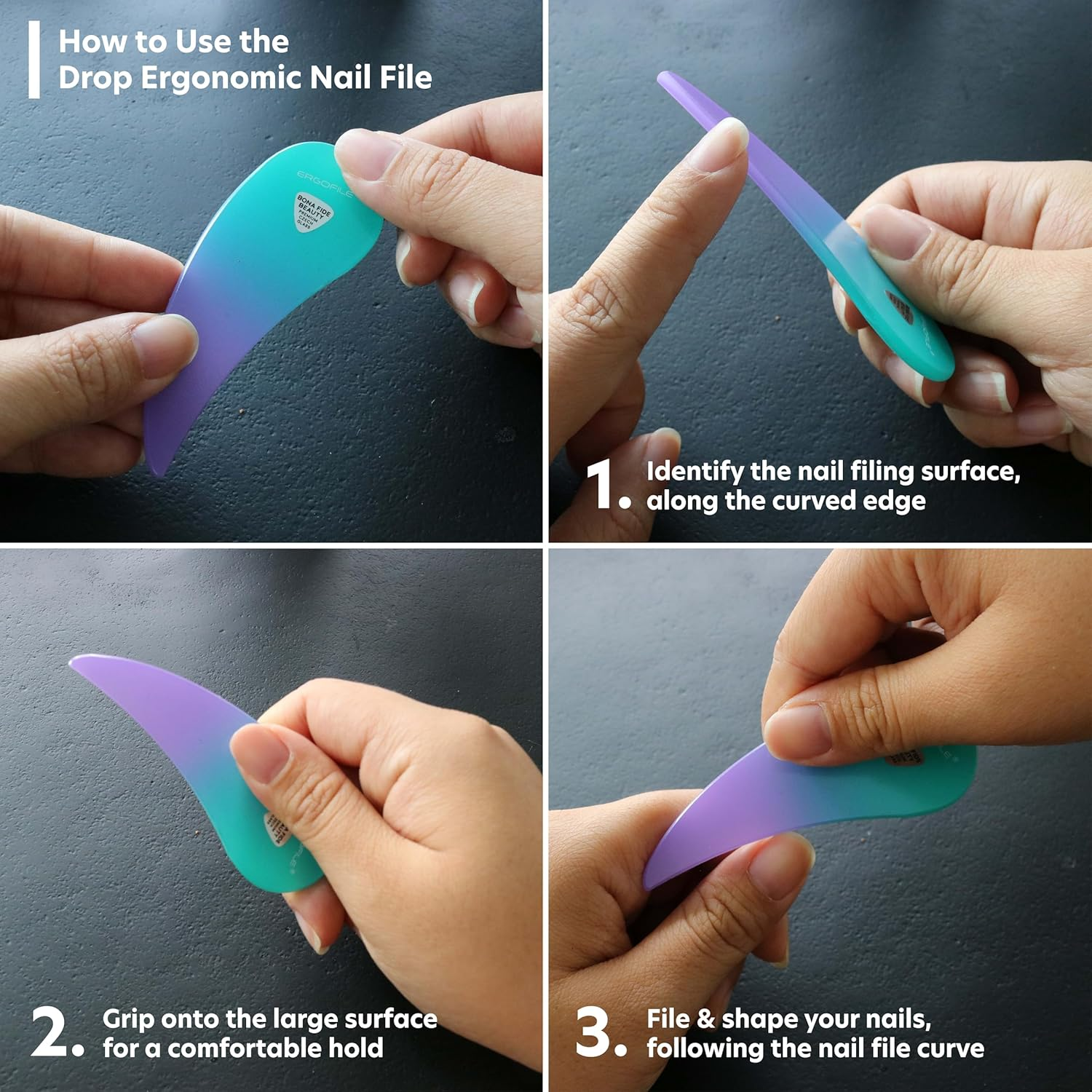 Bona Fide Beauty Ergonomic Nail File Set - 2PC Czech Glass Ergofile Set for Natural Nails and Acrylic Nails (Pastel Green and Violet) - Blue image number 7