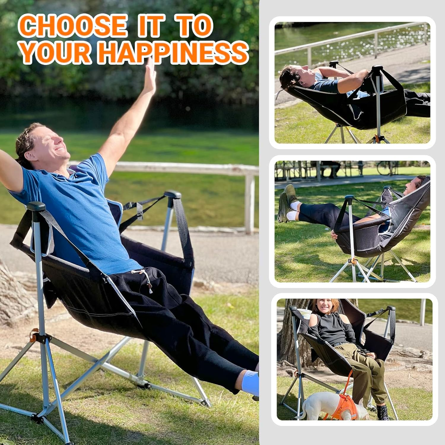Kingcamp Hammock Camping Chair Swinging Rocking Recliner Chair for Backyard Lawn Beach Camp outside Indoor Adults Portable Lounger Folding Chair Hold up to 300Lbs with Carrying Bag (Black/Grey) image number 2