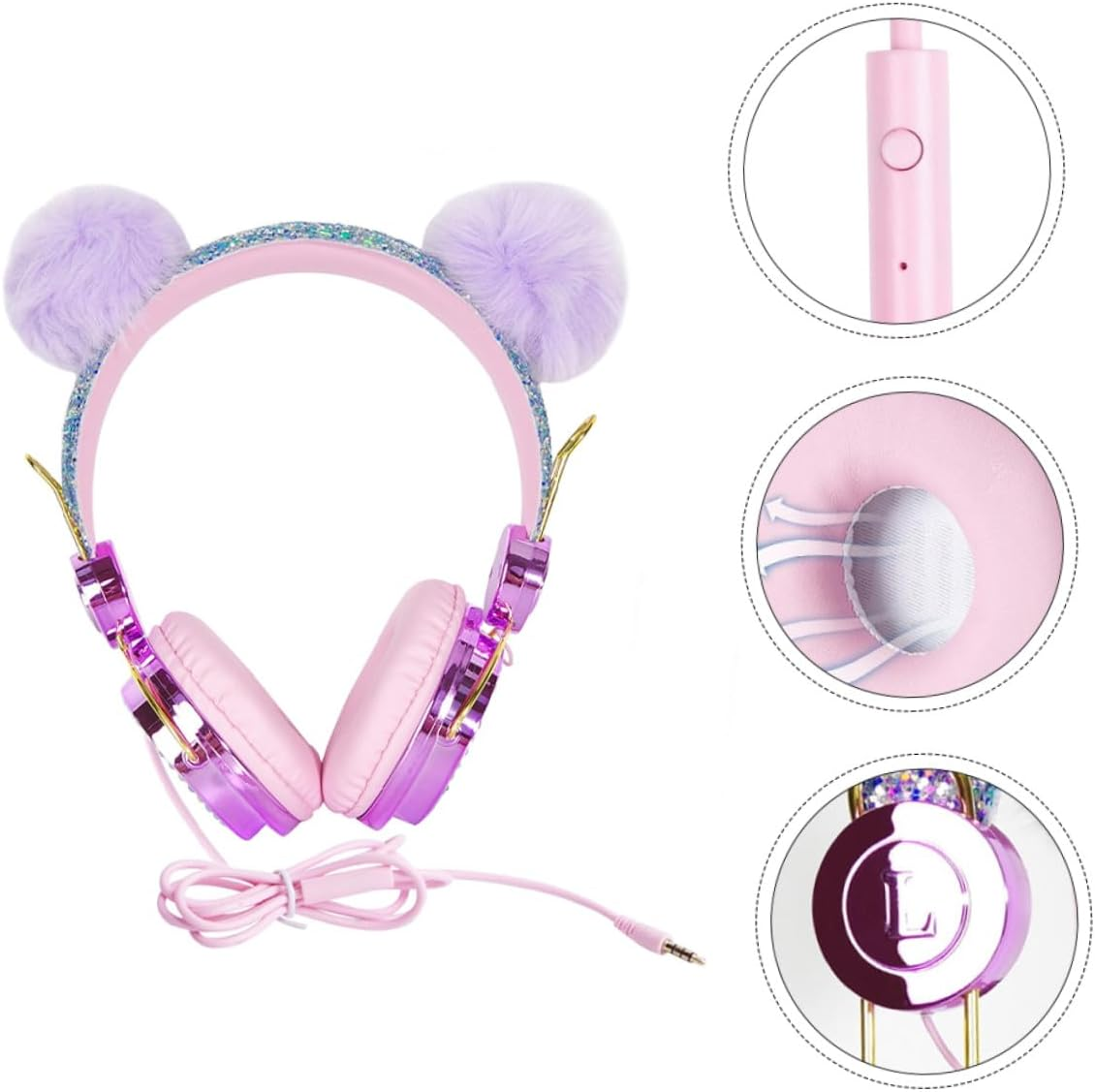 Gadpiparty -Ear Headphones for Kids with Mic, Wired Children Headset for School and Computer Use, Rhinestone Glitter Purple Unicorn Design with Furry Pom-Pom, Girls Earphones Random Color image number 3