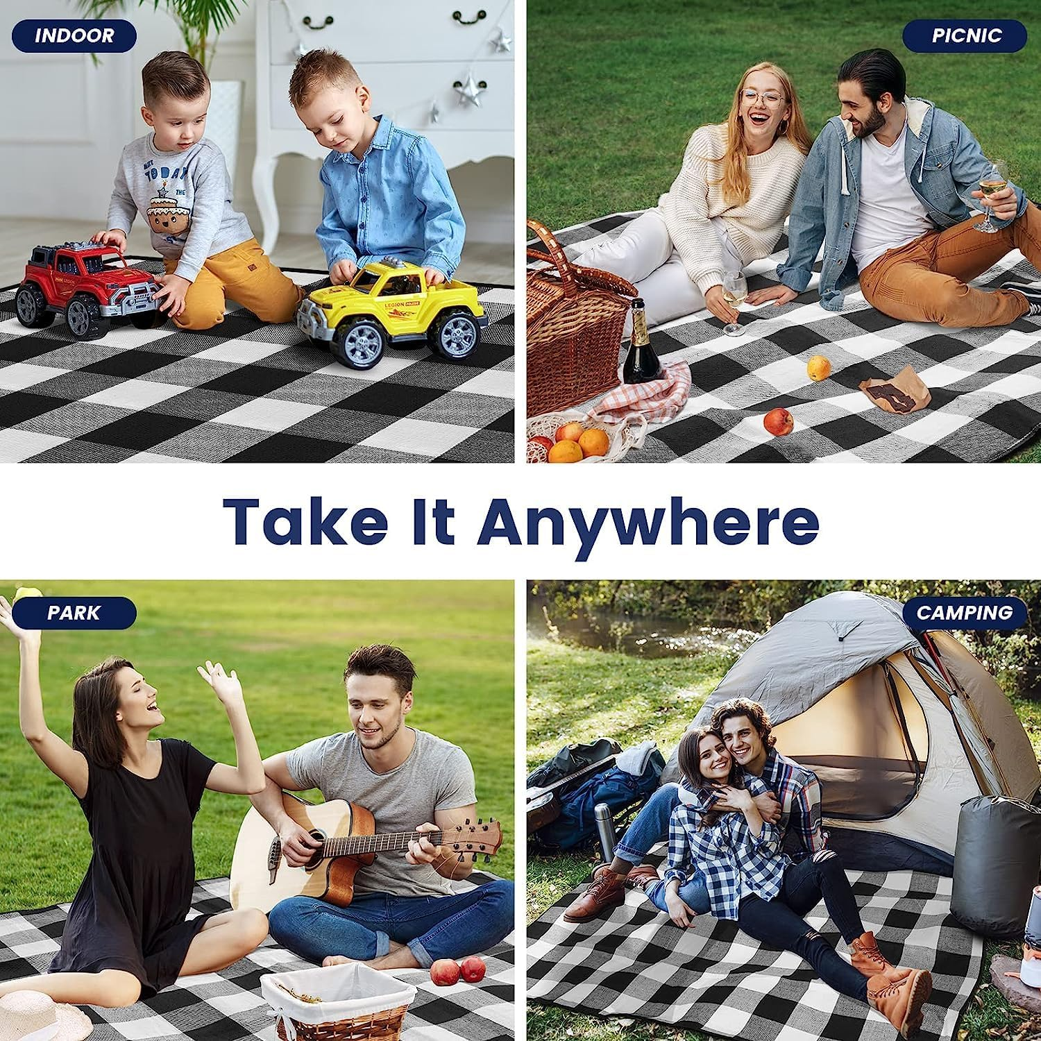 Waterproof Picnic Blanket Portable with Carry Strap, 200X200Cm Extra Large Foldable Compact Beach Blanket for Spring Summer Camping, Park, Travel Grass image number 4