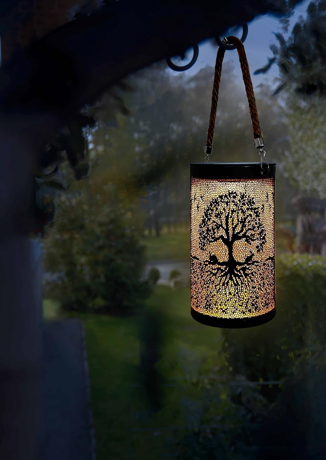 Ironwork Solar Lanterns Outdoor Hanging Lights, Metal Solar Powered Table Lamp Hollowed Out Waterproof Lanterns for Garden Decor outside Patio Yard Pathway (Trees) image number 6