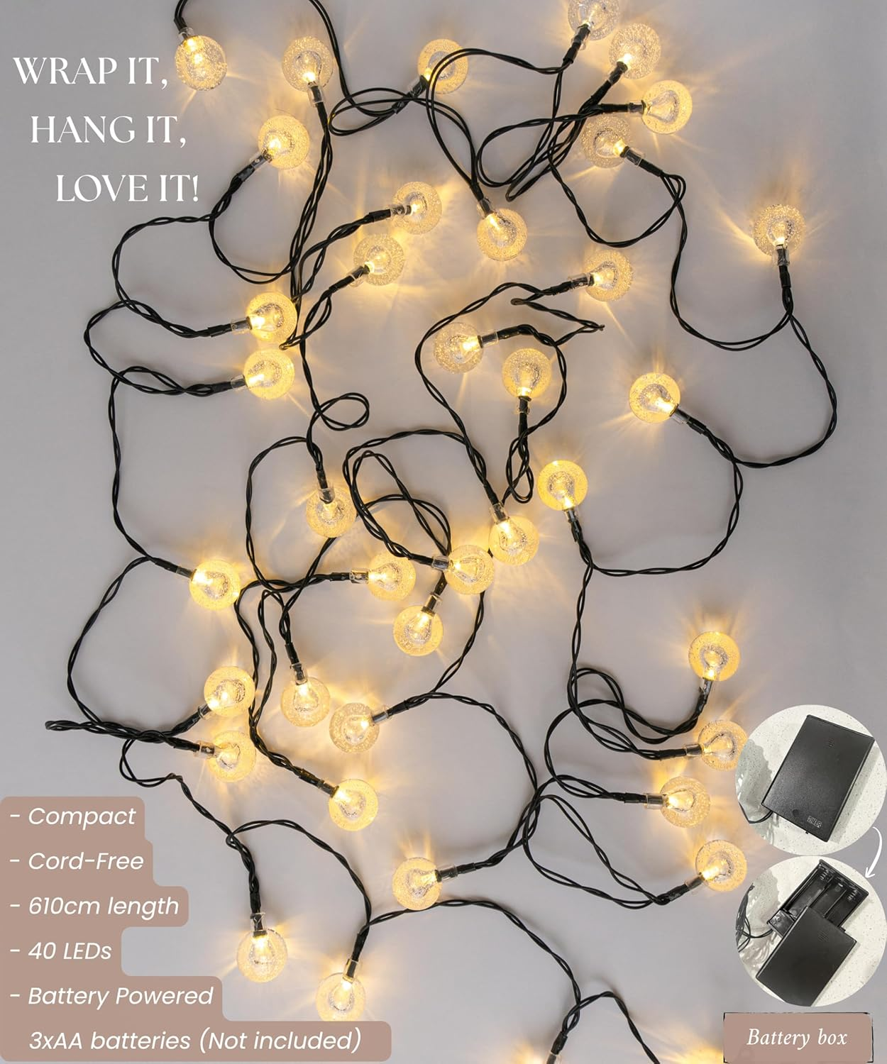 Meletē LED Bubble Ball String Lights &ndash; 6.1M (20Ft), 40 Warm White Leds, Battery Operated with Timer &ndash; Fairy Lights for Indoor Use, Christmas, Bedroom, Party Decoration